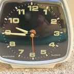 Vintage Westclox Crest Alarm Clock — NOS, Boxed, White Case, Black Dial, Luminous Hands