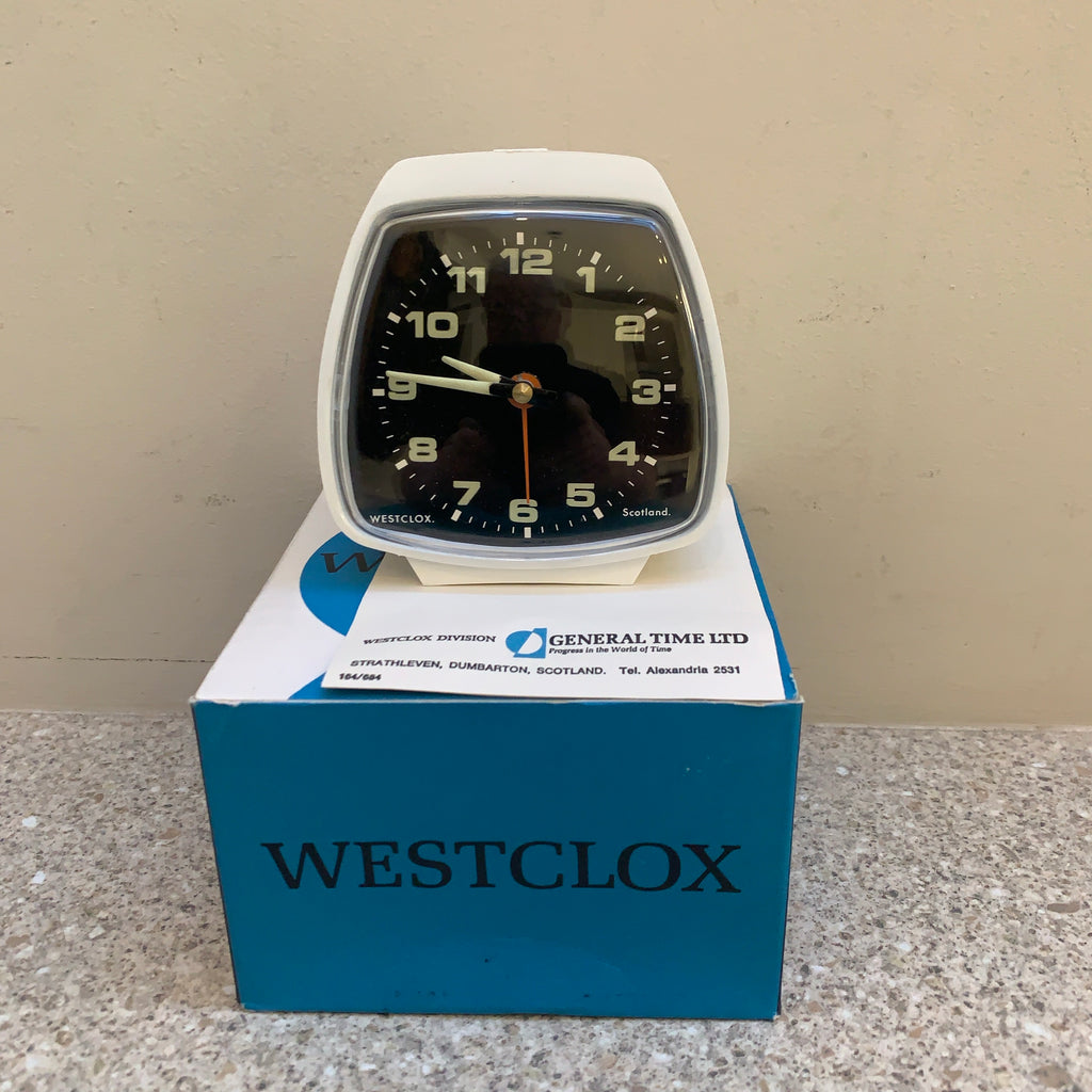 Vintage Westclox Crest Alarm Clock — NOS, Boxed, White Case, Black Dial, Luminous Hands