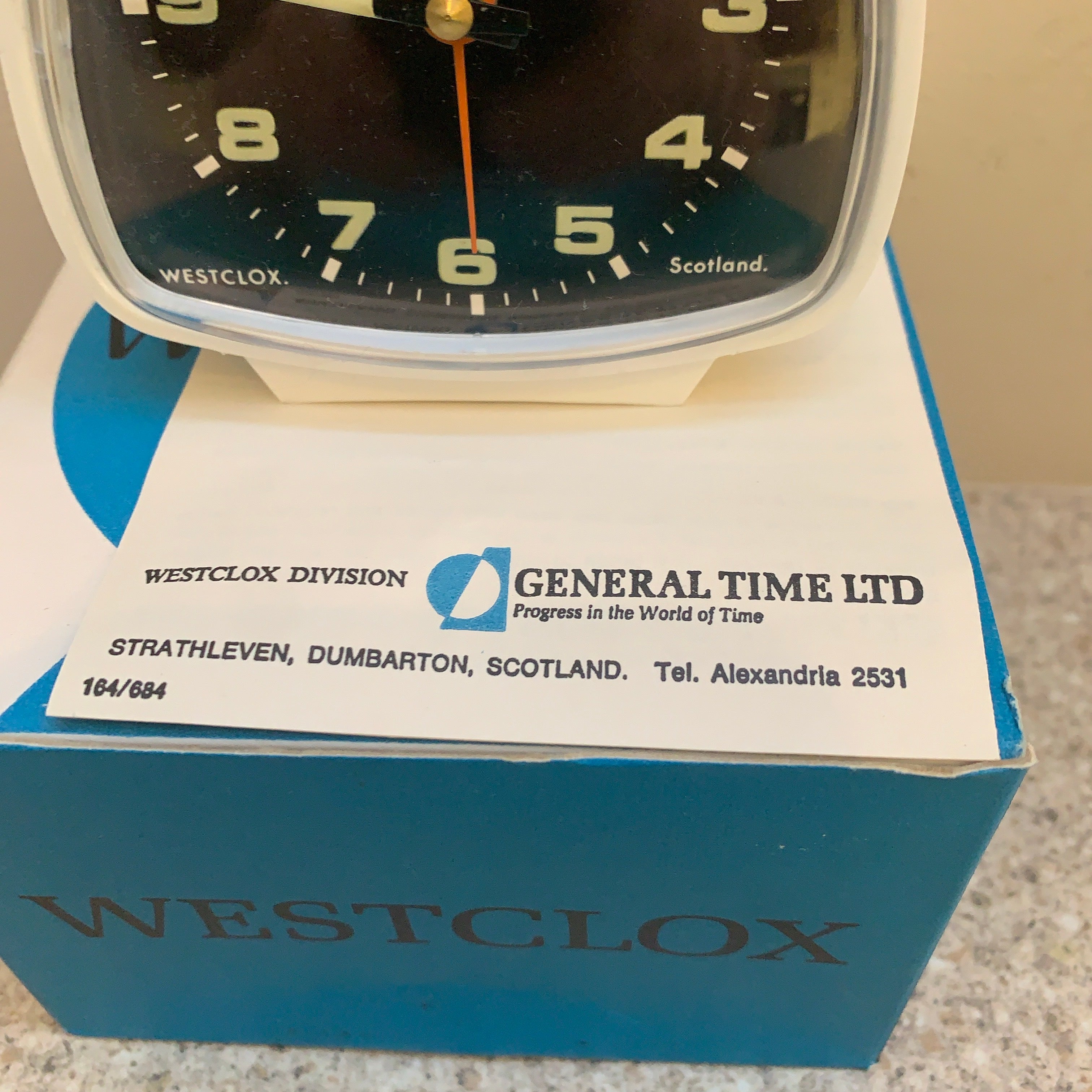 Vintage Westclox Crest Alarm Clock — NOS, Boxed, White Case, Black Dial, Luminous Hands