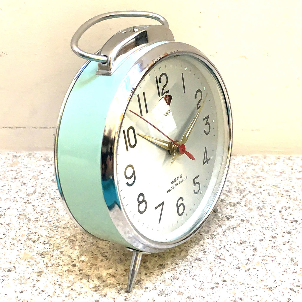Vintage Diamond Shanghai Alarm Clock — NOS, Boxed, Chrome Case, Mint Green, White Dial