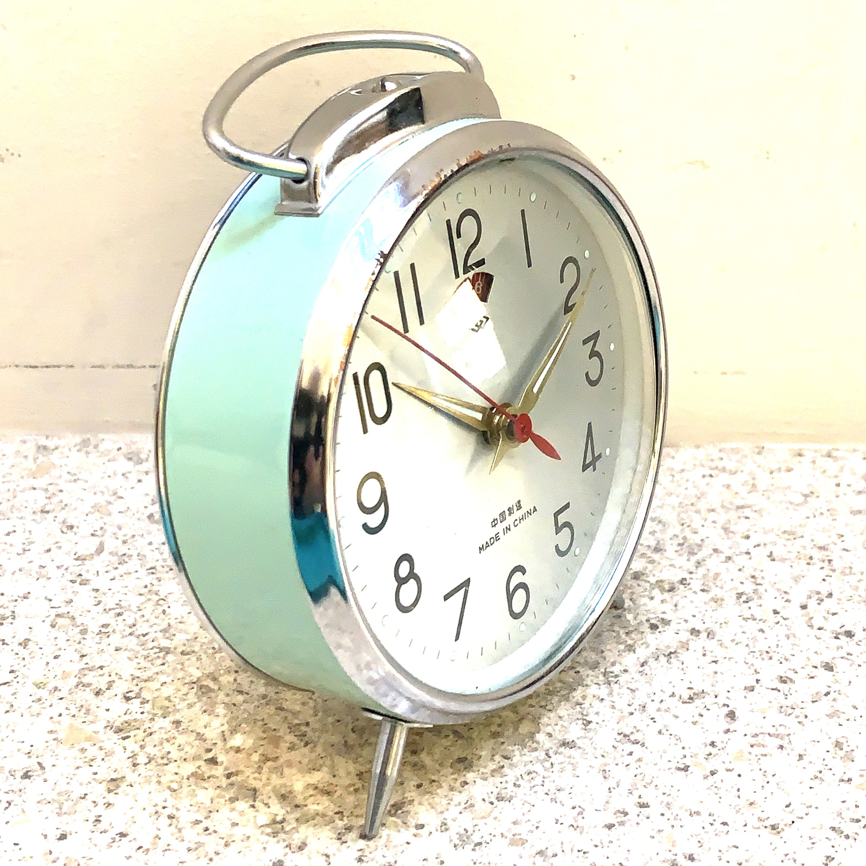 Vintage Diamond Shanghai Alarm Clock — NOS, Boxed, Chrome Case, Mint Green, White Dial