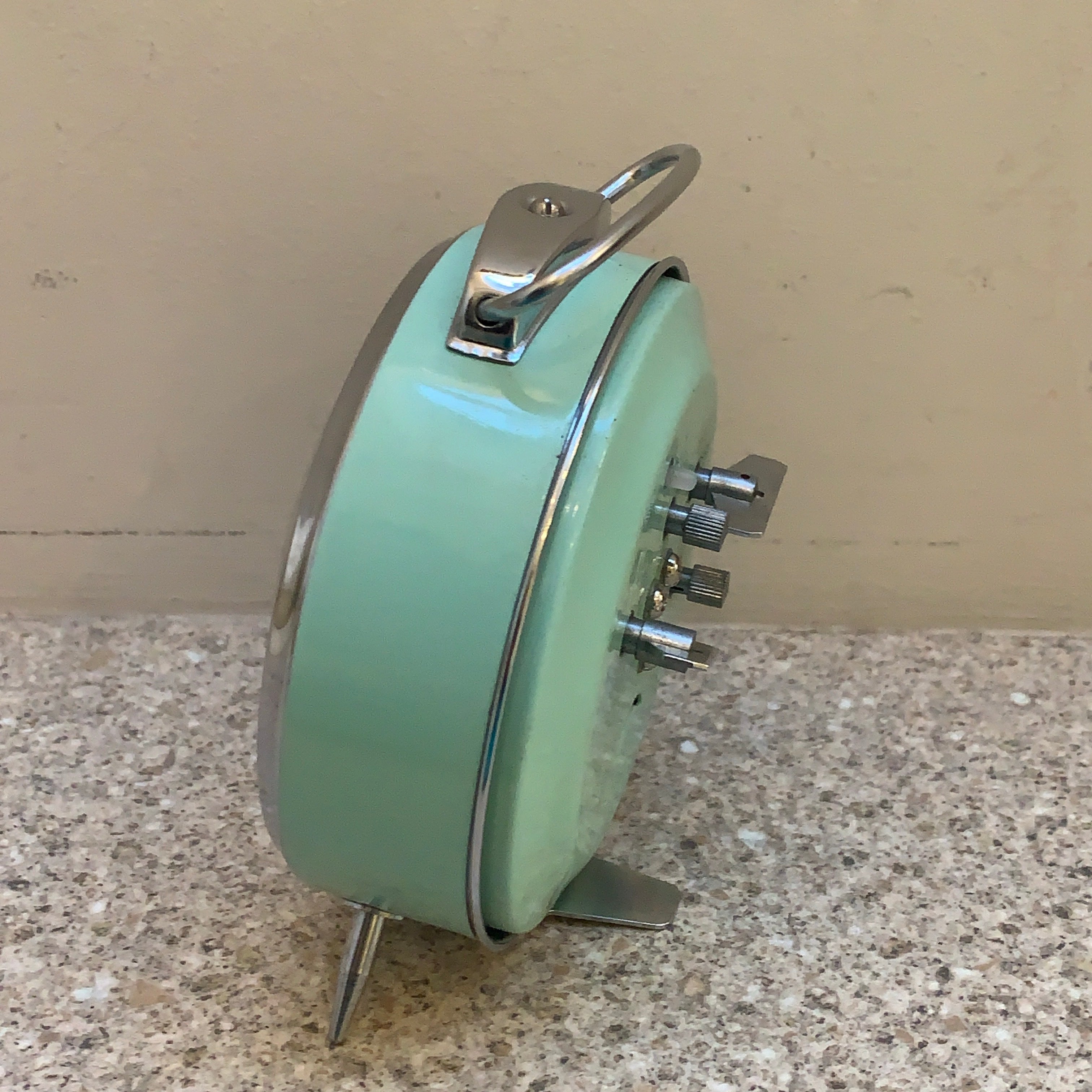 Vintage Diamond Shanghai Alarm Clock — NOS, Boxed, Chrome Case, Mint Green, White Dial
