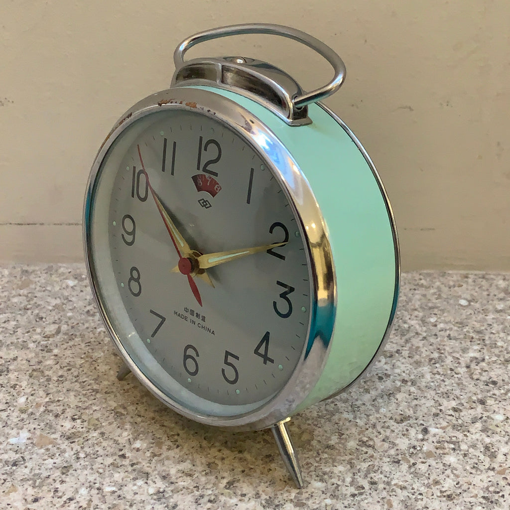 Vintage Diamond Shanghai Alarm Clock — NOS, Boxed, Chrome Case, Mint Green, White Dial