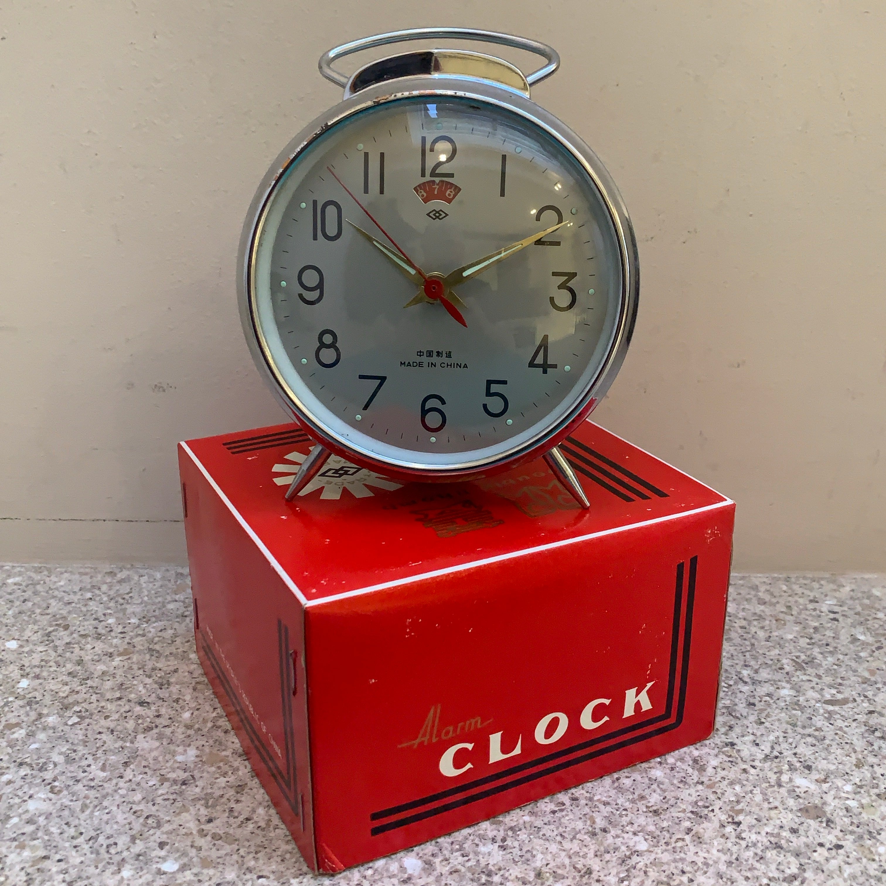 Vintage Diamond Shanghai Alarm Clock — NOS, Boxed, Chrome Case, Mint Green, White Dial