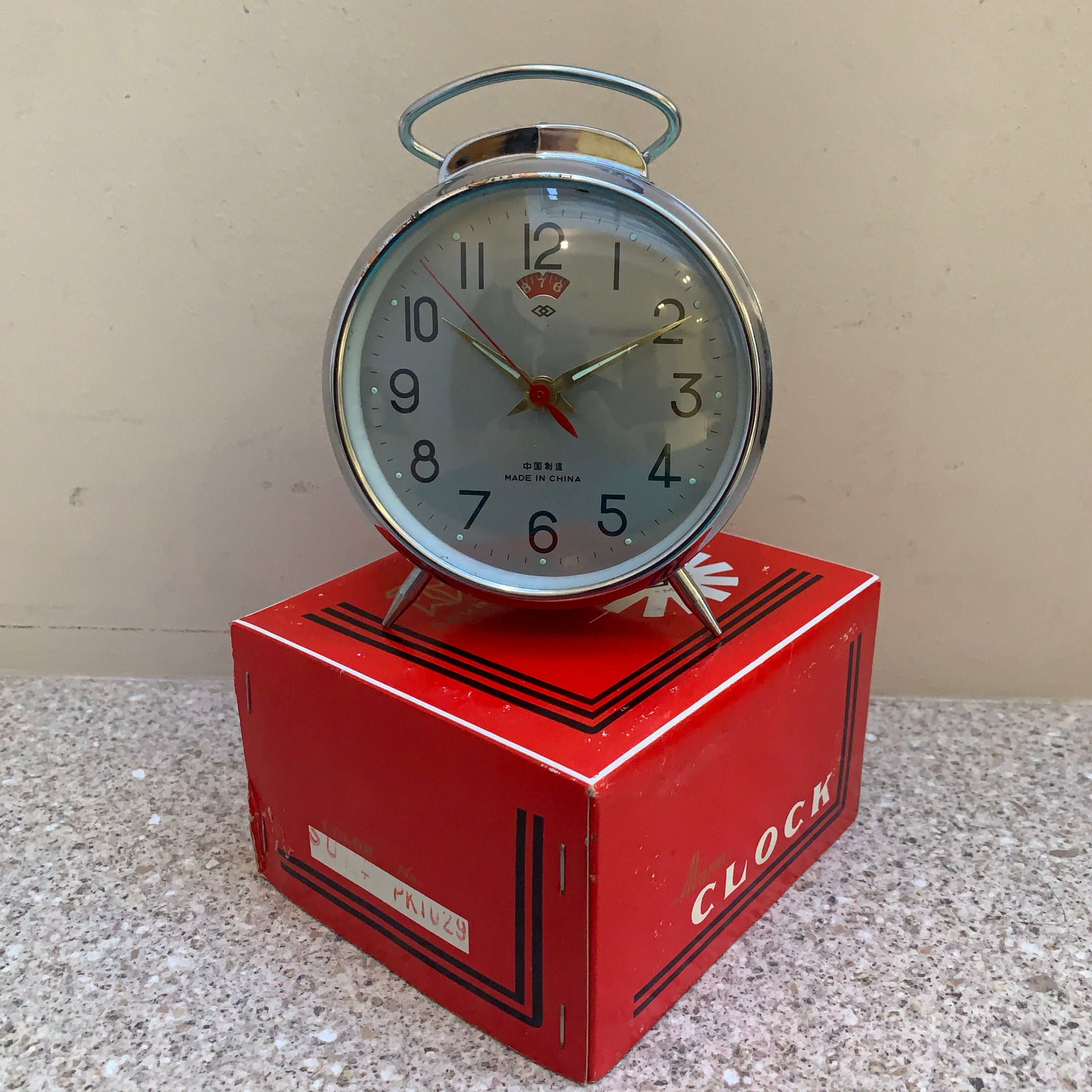 Vintage Diamond Shanghai Alarm Clock — NOS, Boxed, Chrome Case, Mint Green, White Dial