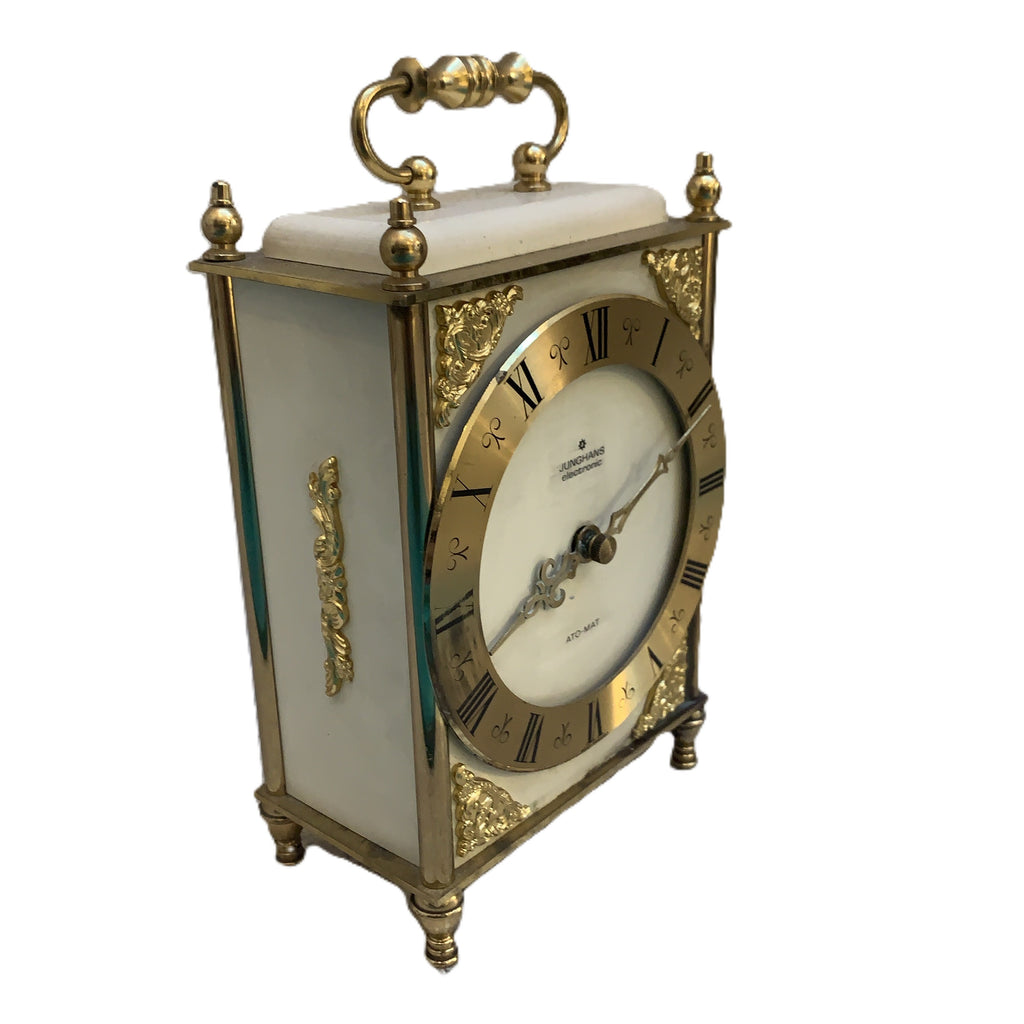 Vintage Junghans Ato-Mat Carriage Clock — Brass Case, Faux Marble Top, White Sides