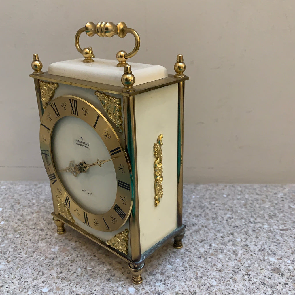 Vintage Junghans Ato-Mat Carriage Clock — Brass Case, Faux Marble Top, White Sides