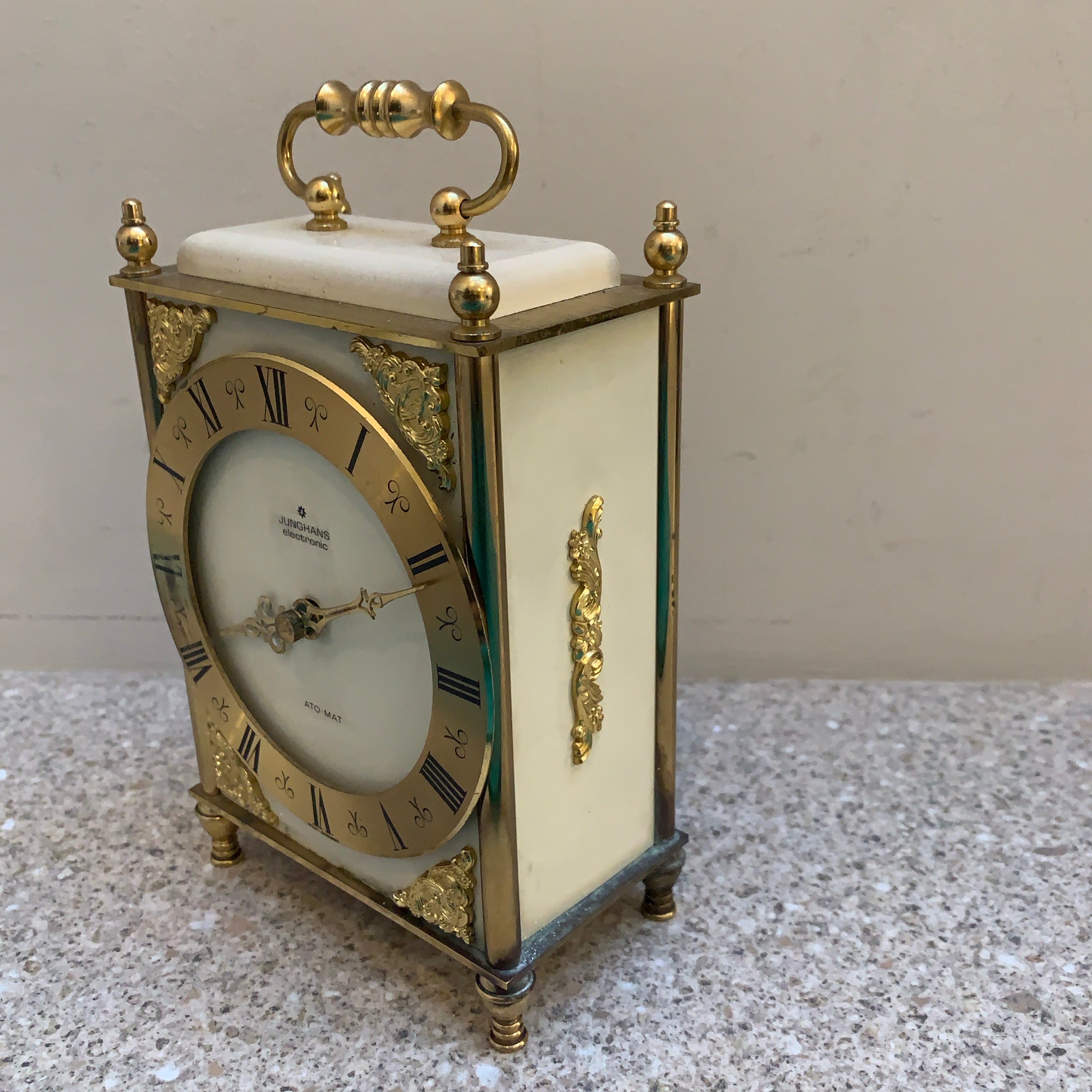 Vintage Junghans Ato-Mat Carriage Clock — Brass Case, Faux Marble Top, White Sides
