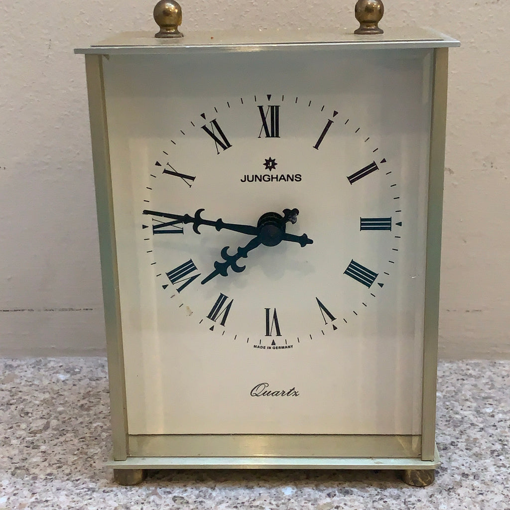 Vintage Junghans Quartz Desk Clock — Brushed Brass Case, Roman Numerals, West Germany