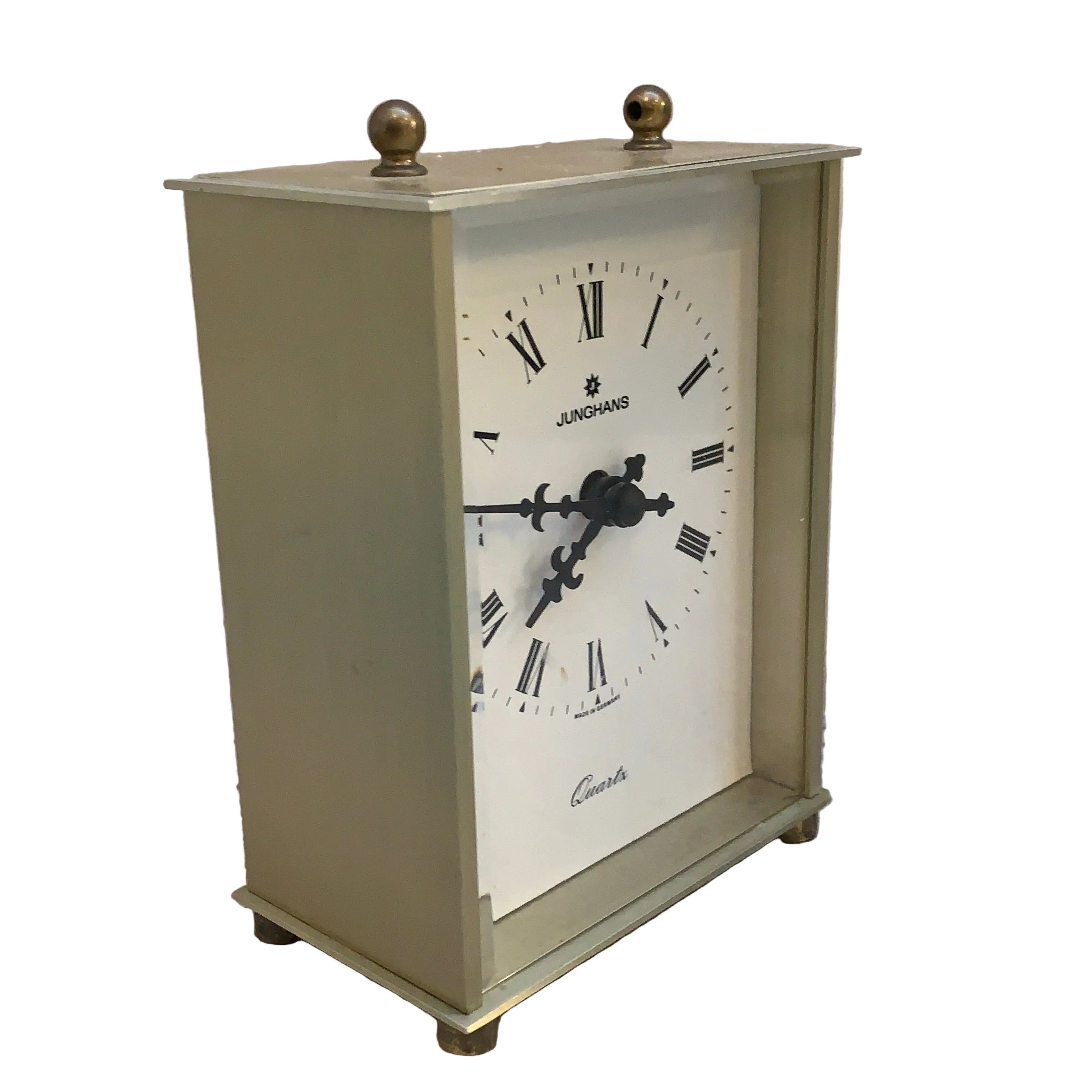 Vintage Junghans Quartz Desk Clock — Brushed Brass Case, Roman Numerals, West Germany