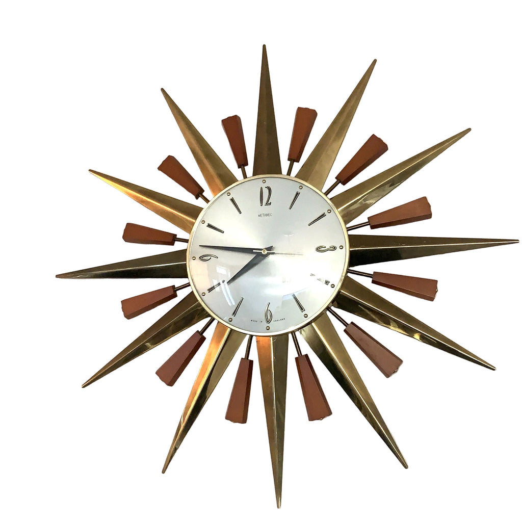 Metamec 5629 Starburst Wall Clock — Teak & Brass, Original Hands, 1960s