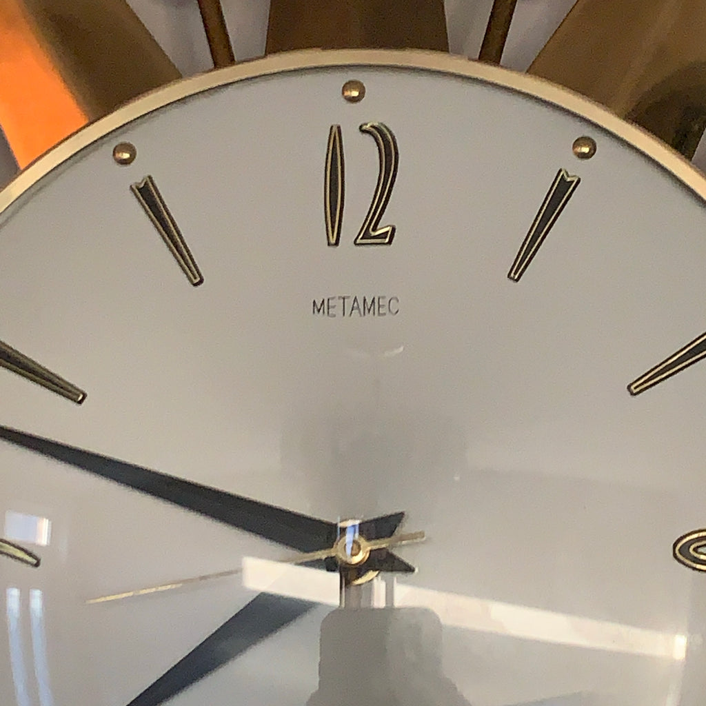 Metamec 5629 Starburst Wall Clock — Teak & Brass, Original Hands, 1960s
