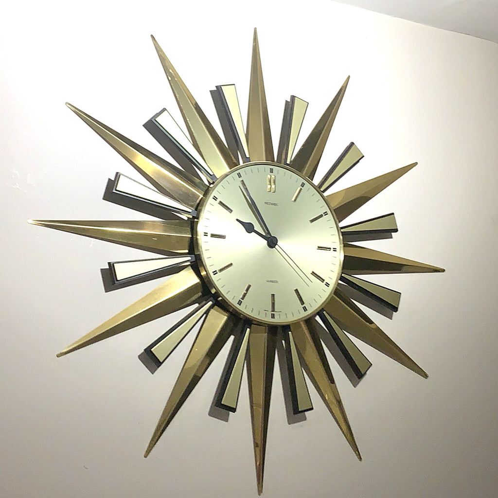 Metamec Sunburst Wall Clock, Rare Model 5629 Brass Starburst 1970s Quartz