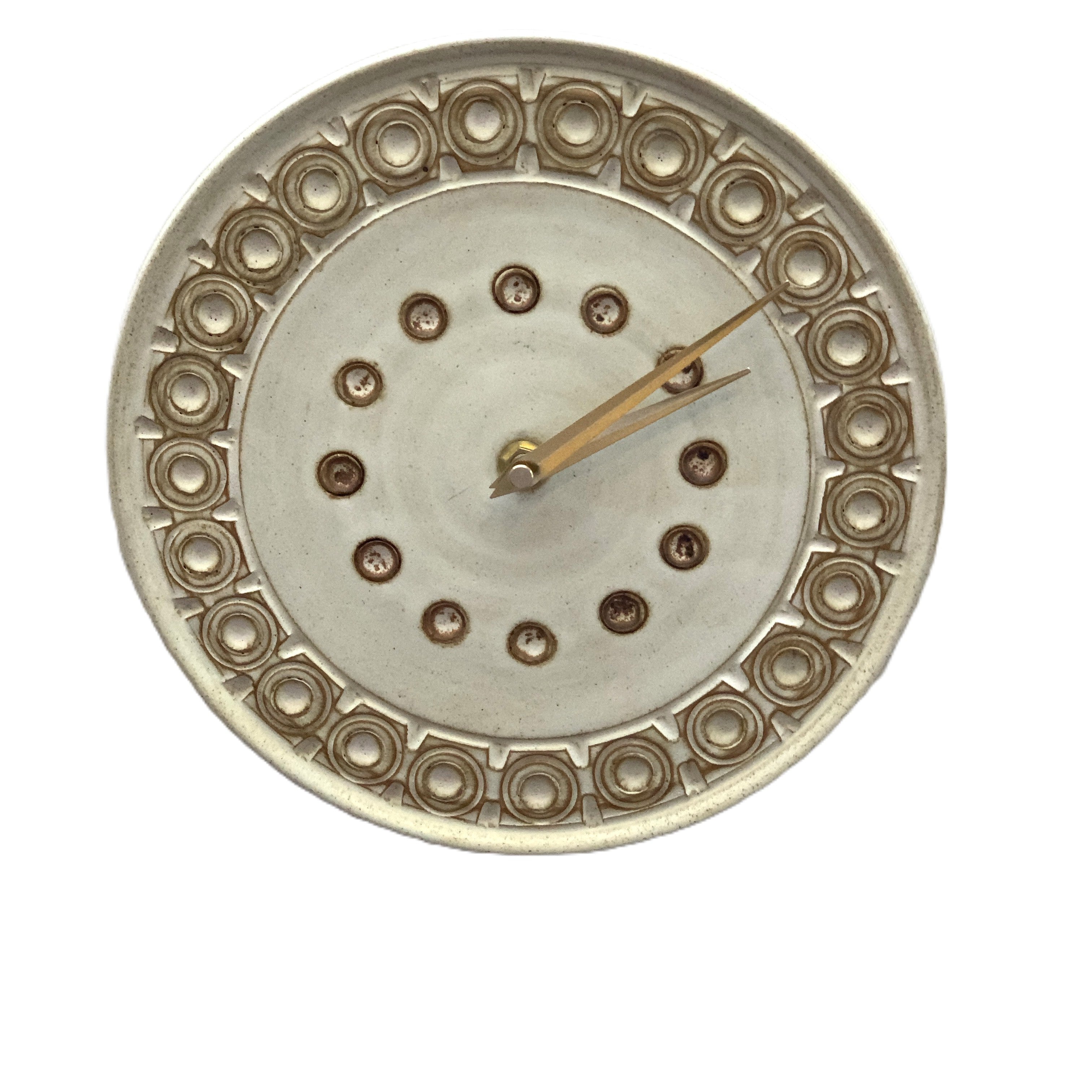 Jersey Pottery Wall Clock – Vintage Gorey Stoneware Concentric Circle Dot Markers Gold Hands 10 Inch