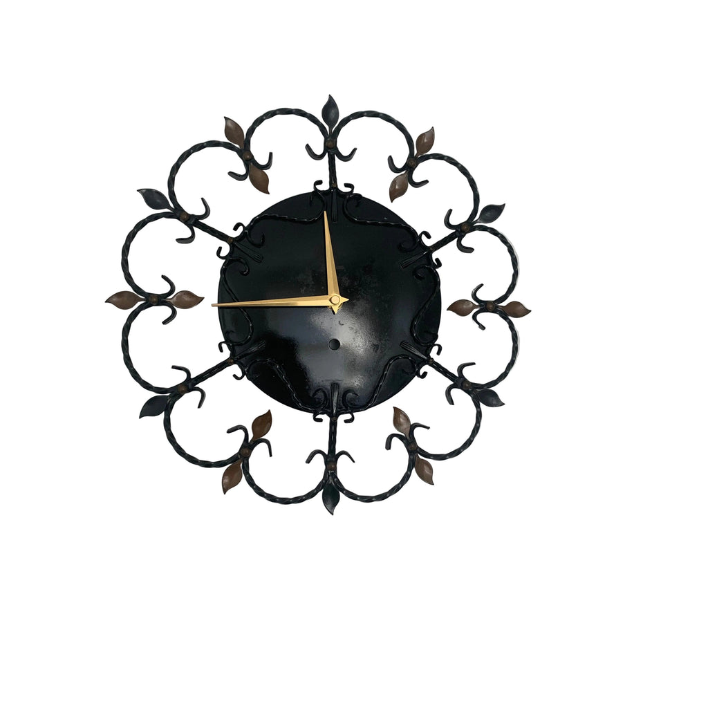Junghans 1950s Wrought Iron Wall Clock – Scrollwork Brass Leaf Details Gold Hands 13.5 Inch Quartz