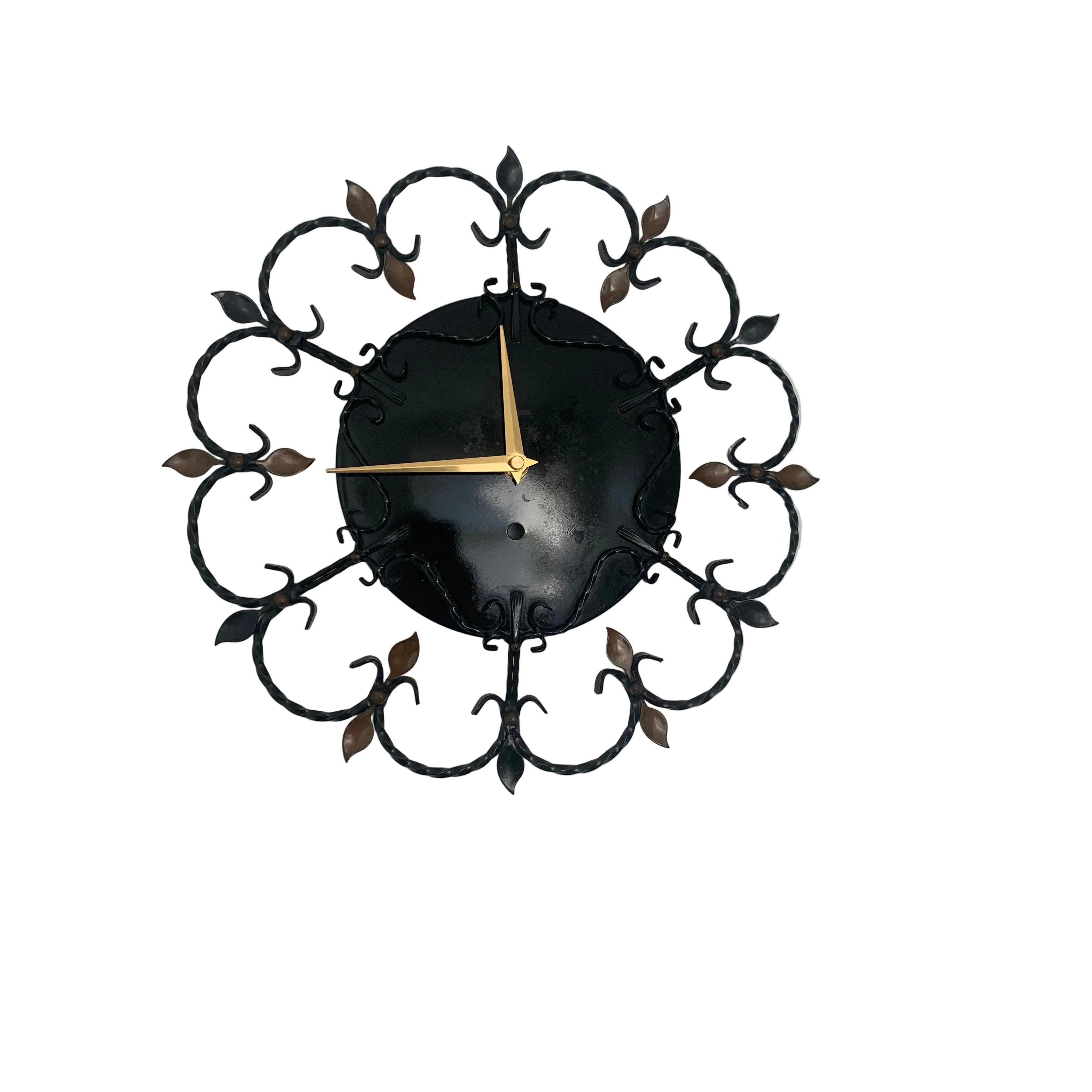 Junghans 1950s Wrought Iron Wall Clock – Scrollwork Brass Leaf Details Gold Hands 13.5 Inch Quartz