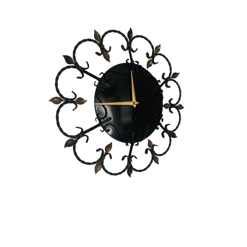 Junghans 1950s Wrought Iron Wall Clock – Scrollwork Brass Leaf Details Gold Hands 13.5 Inch Quartz