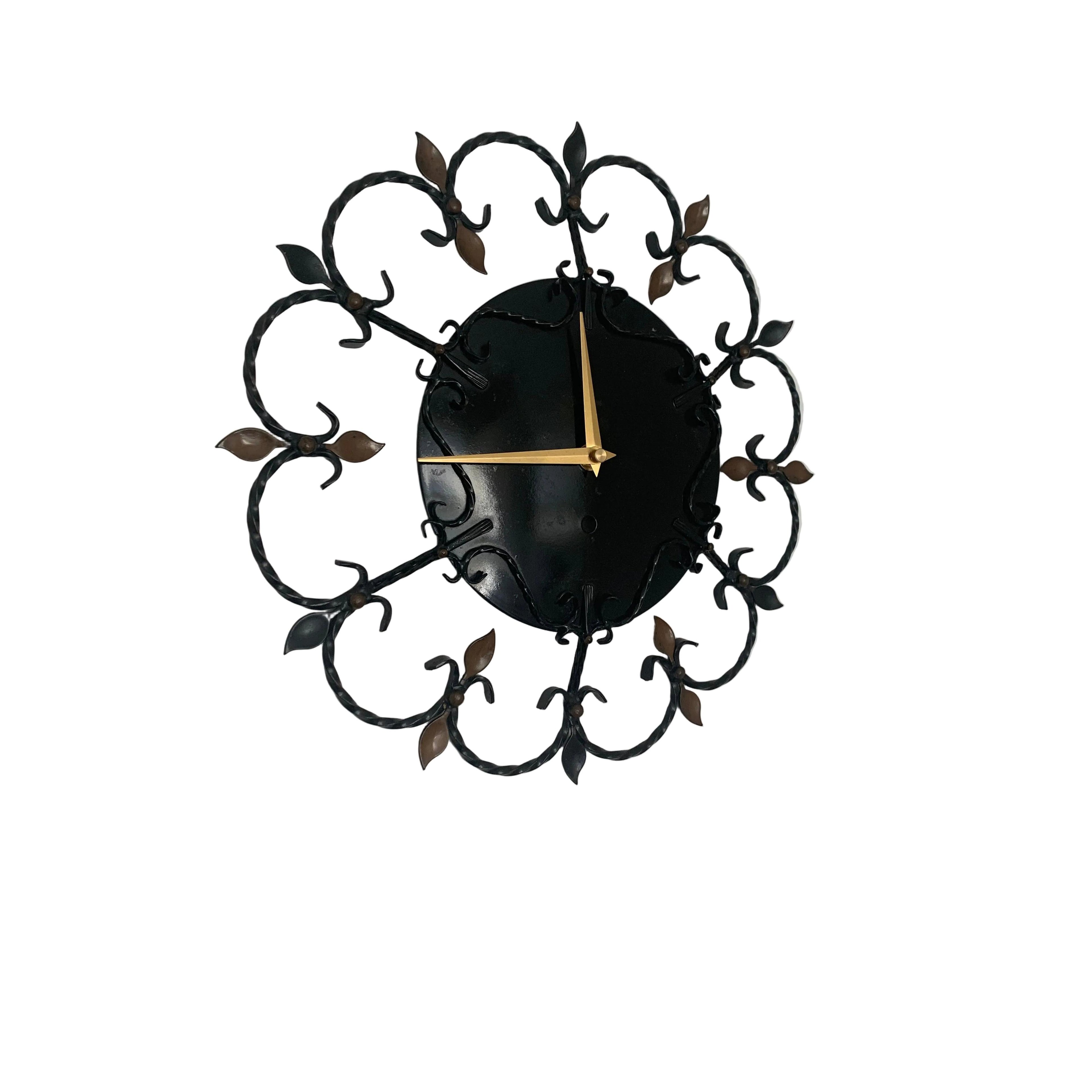 Junghans 1950s Wrought Iron Wall Clock – Scrollwork Brass Leaf Details Gold Hands 13.5 Inch Quartz