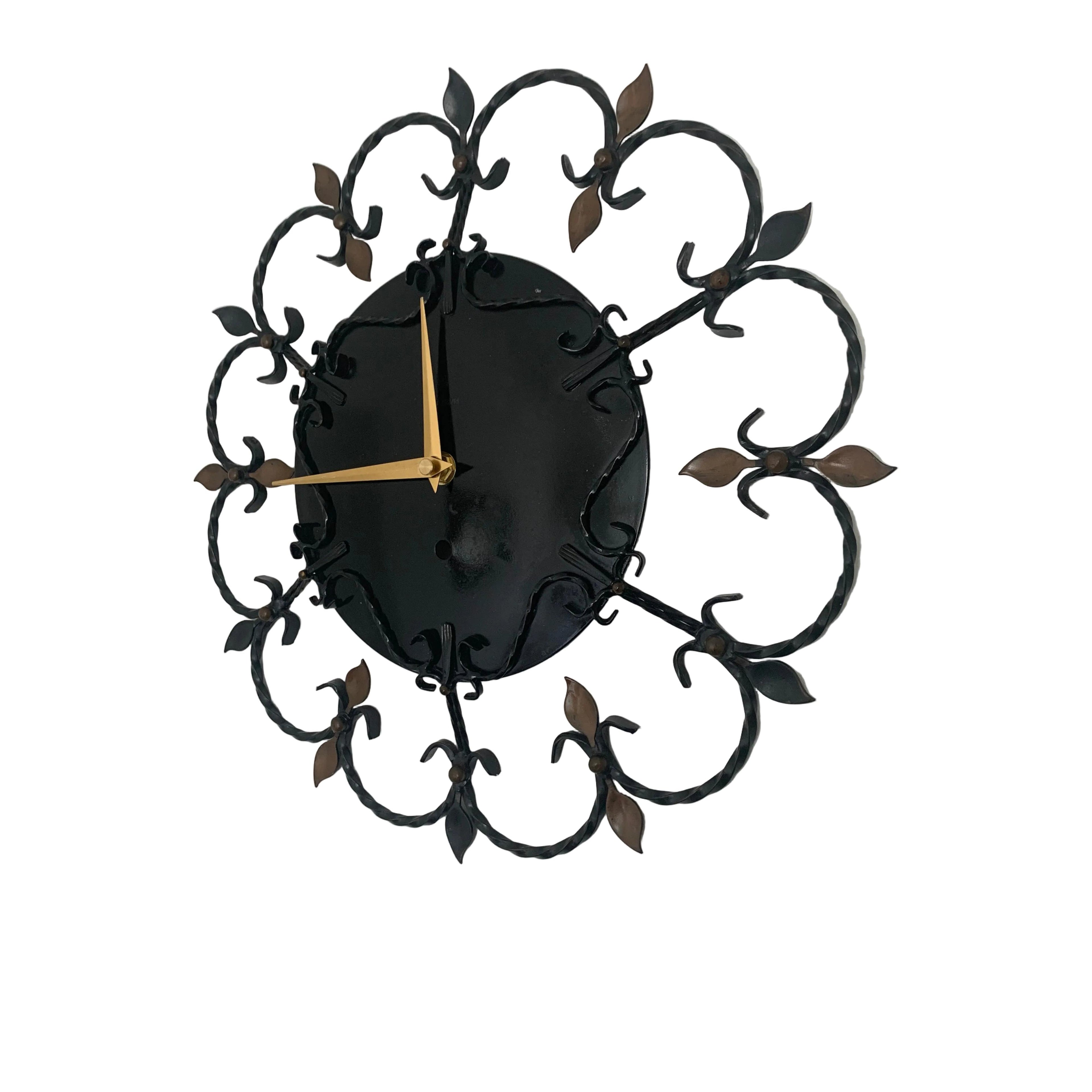 Junghans 1950s Wrought Iron Wall Clock – Scrollwork Brass Leaf Details Gold Hands 13.5 Inch Quartz