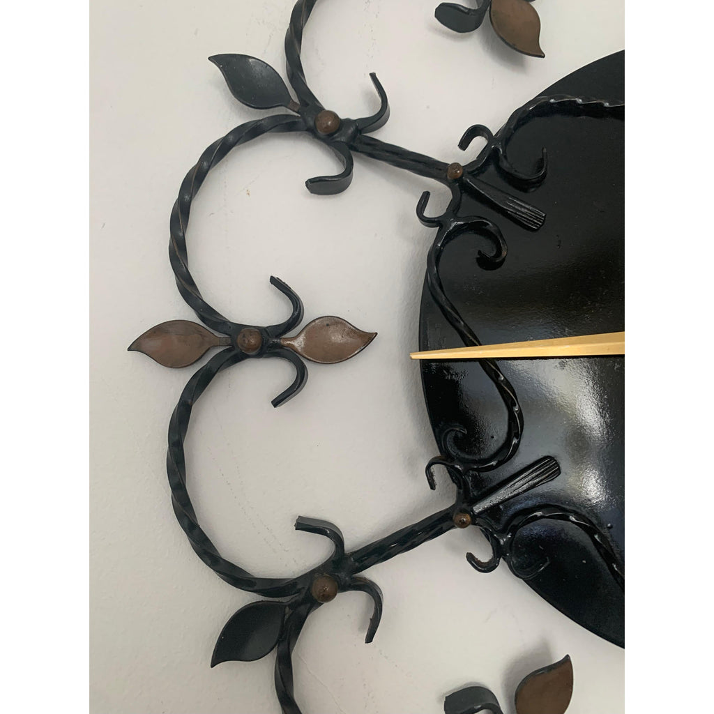 Junghans 1950s Wrought Iron Wall Clock – Scrollwork Brass Leaf Details Gold Hands 13.5 Inch Quartz