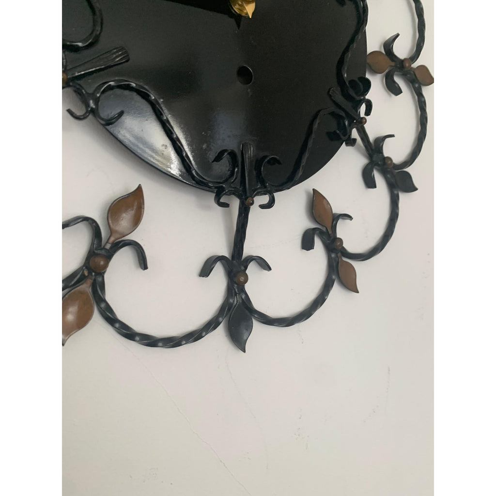 Junghans 1950s Wrought Iron Wall Clock – Scrollwork Brass Leaf Details Gold Hands 13.5 Inch Quartz