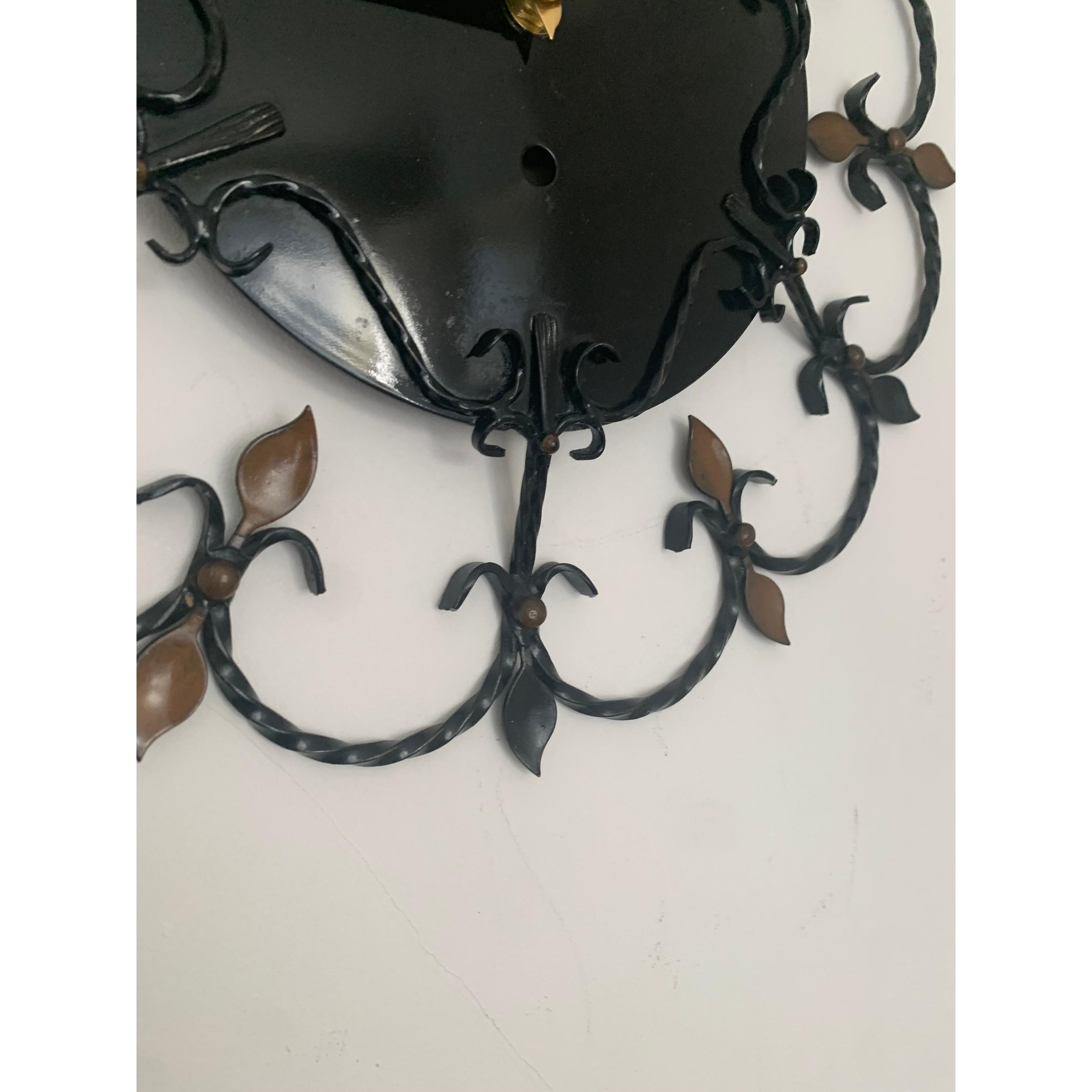 Junghans 1950s Wrought Iron Wall Clock – Scrollwork Brass Leaf Details Gold Hands 13.5 Inch Quartz