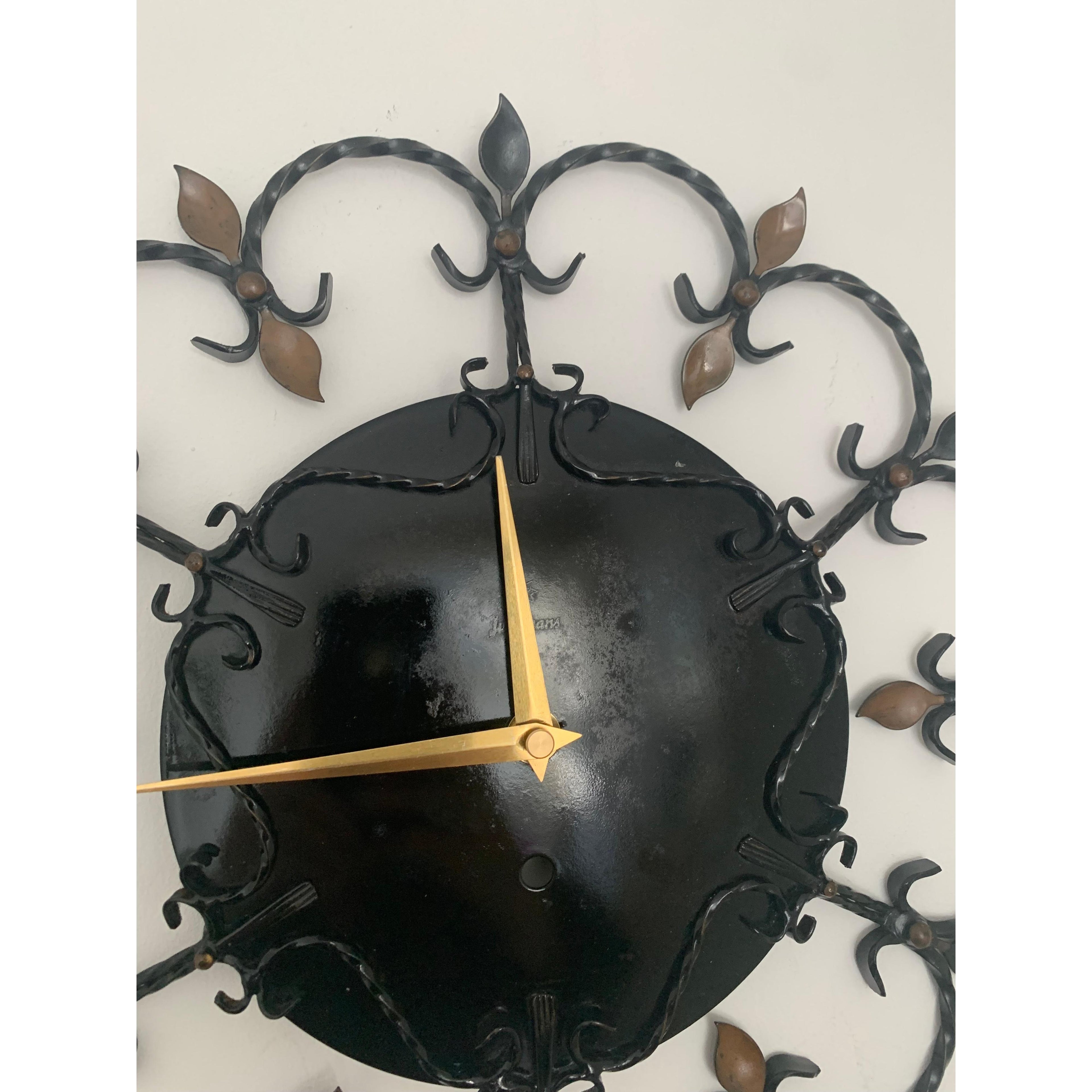 Junghans 1950s Wrought Iron Wall Clock – Scrollwork Brass Leaf Details Gold Hands 13.5 Inch Quartz