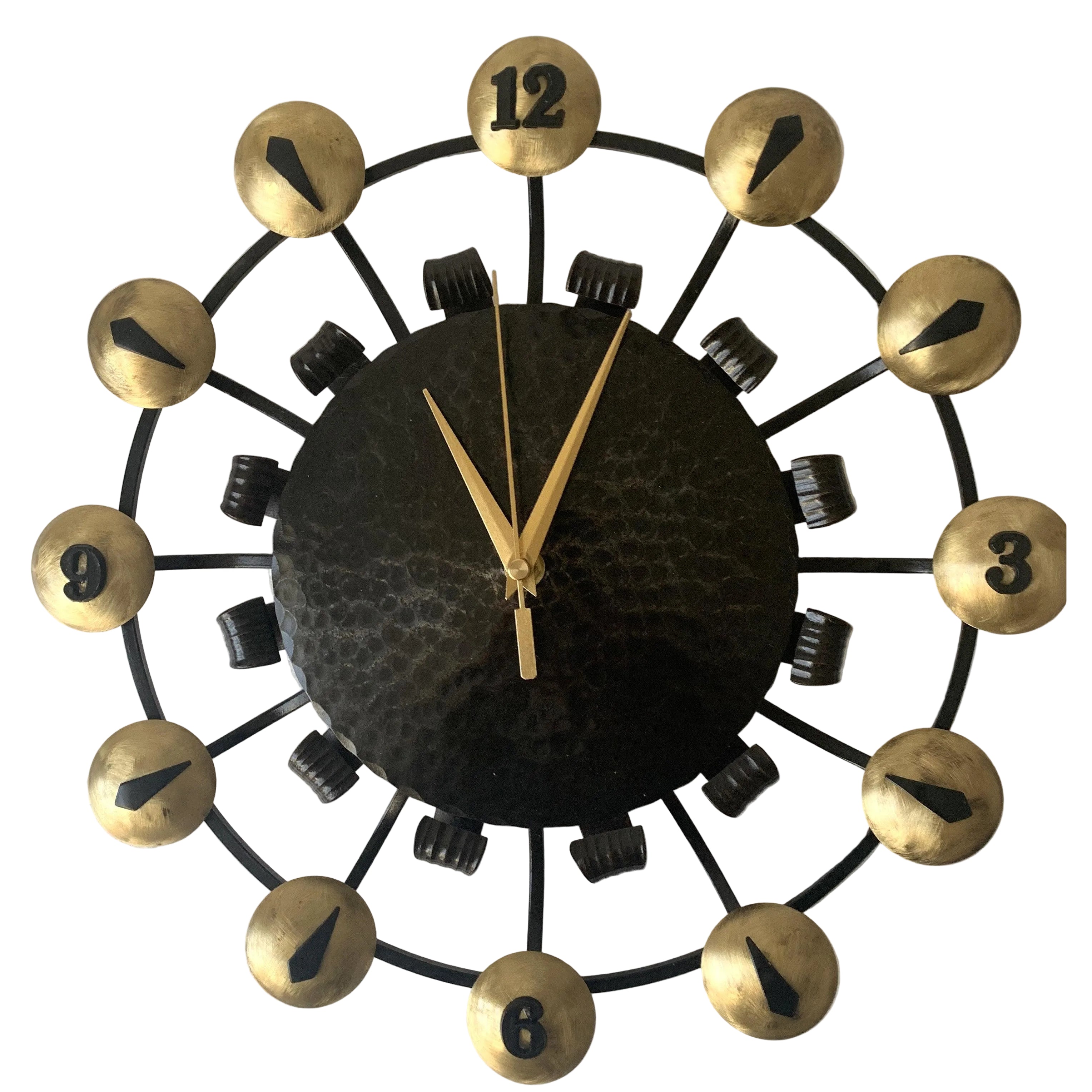 Junghans Atomic Age Wall Clock – 1950s German Wrought Iron Brass Dome Numerals 15 Inch