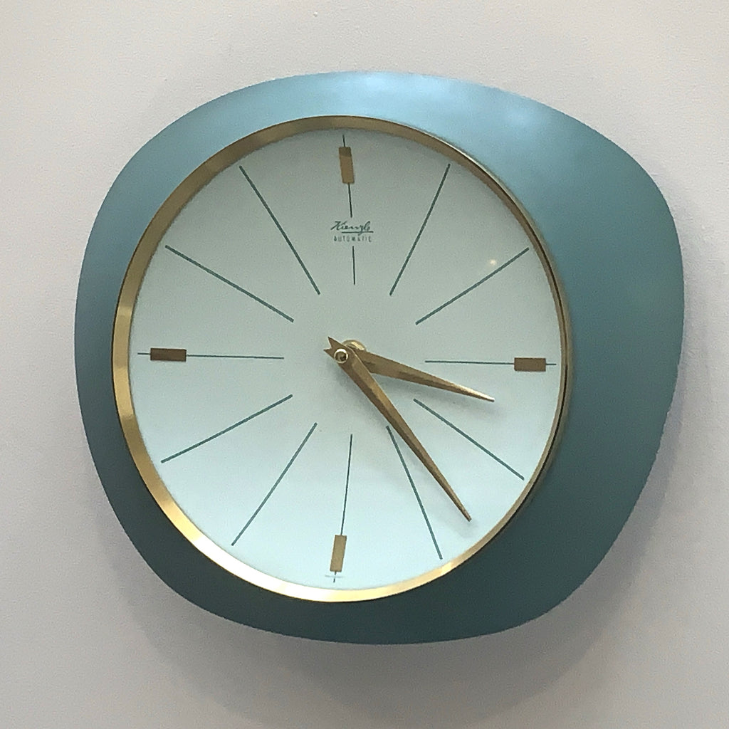 Kienzle Automatic Wall Clock, 1960s, Teal Turquoise, Solid Brass Bezel, Concave Dial, Germany