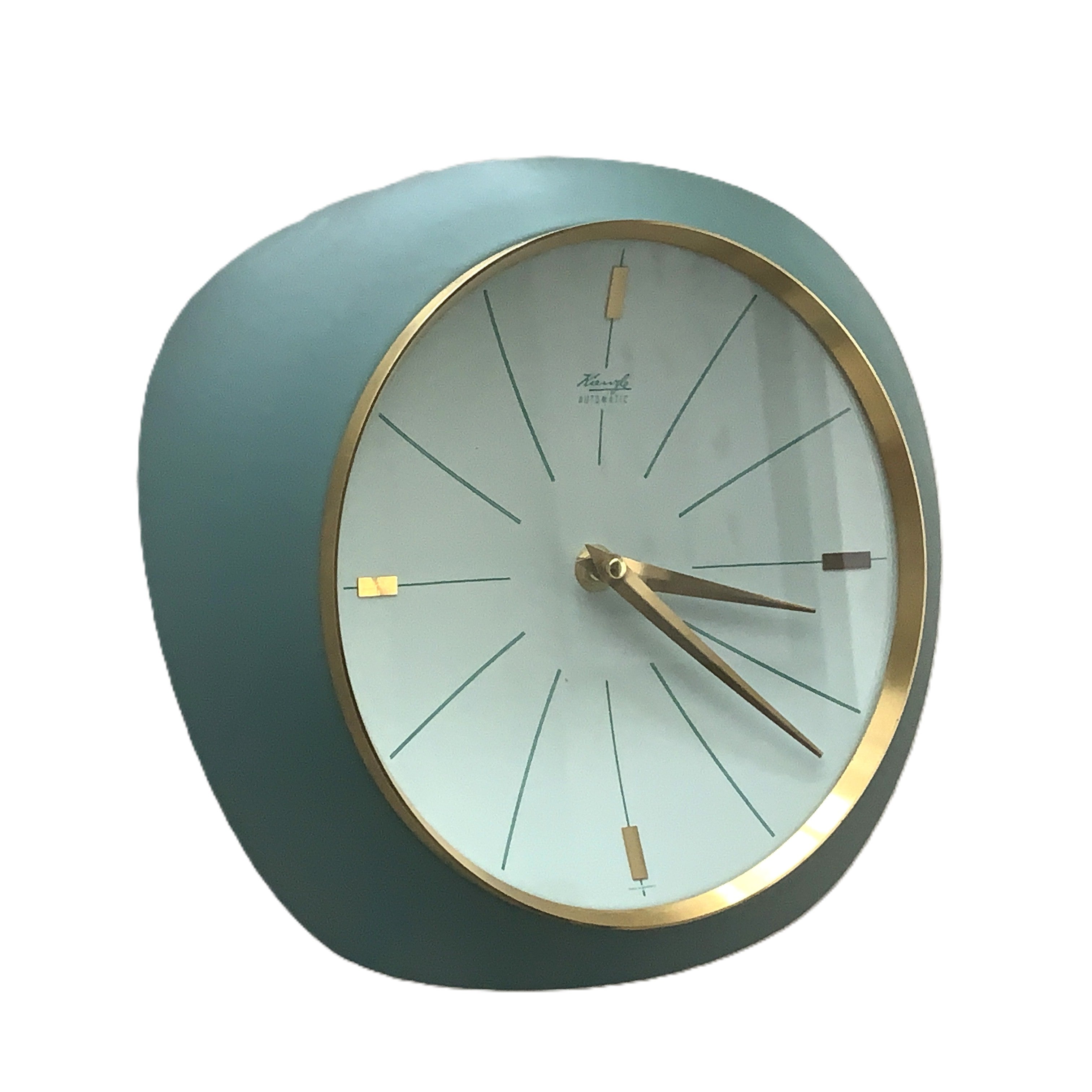Kienzle Automatic Wall Clock, 1960s, Teal Turquoise, Solid Brass Bezel, Concave Dial, Germany