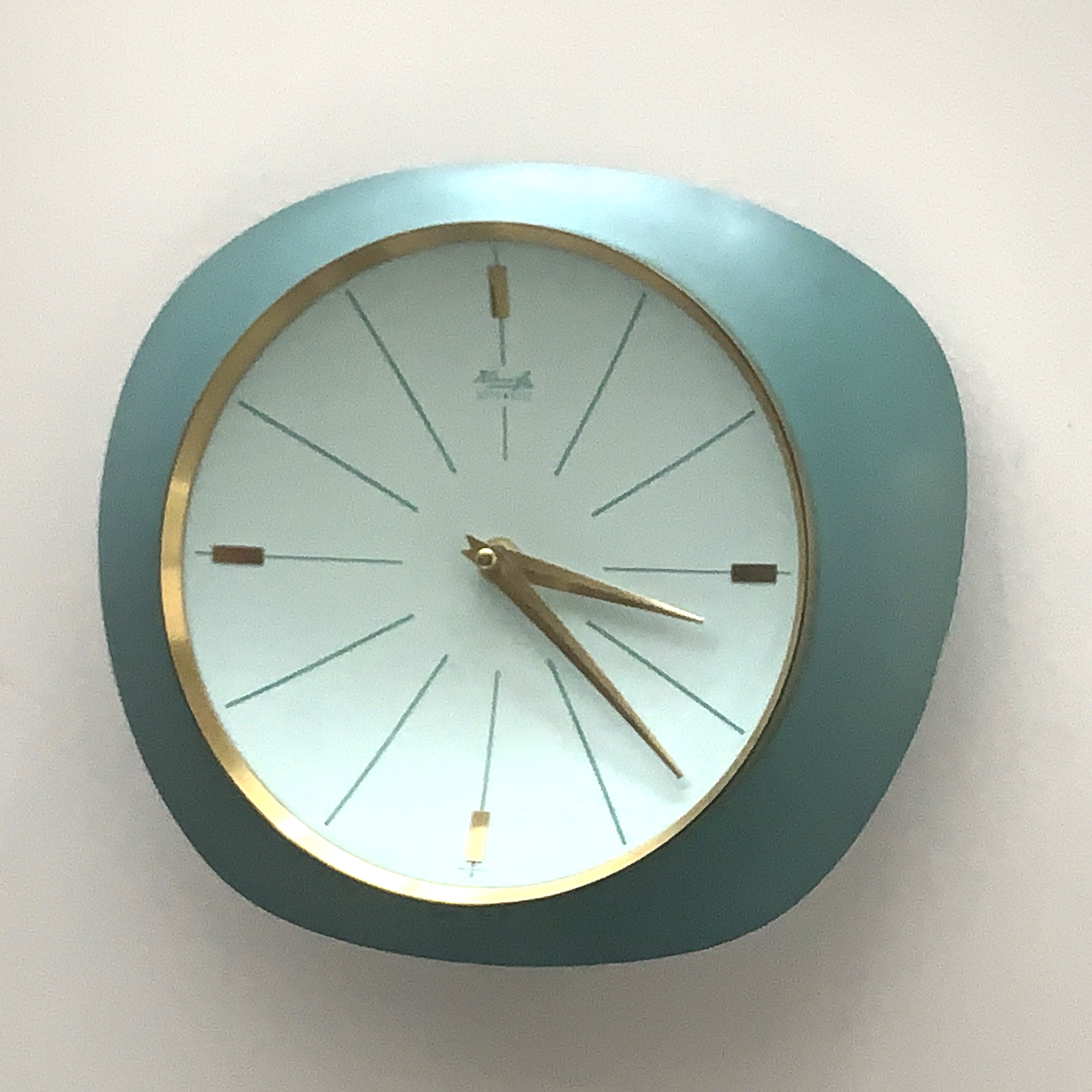 Kienzle Automatic Wall Clock, 1960s, Teal Turquoise, Solid Brass Bezel, Concave Dial, Germany