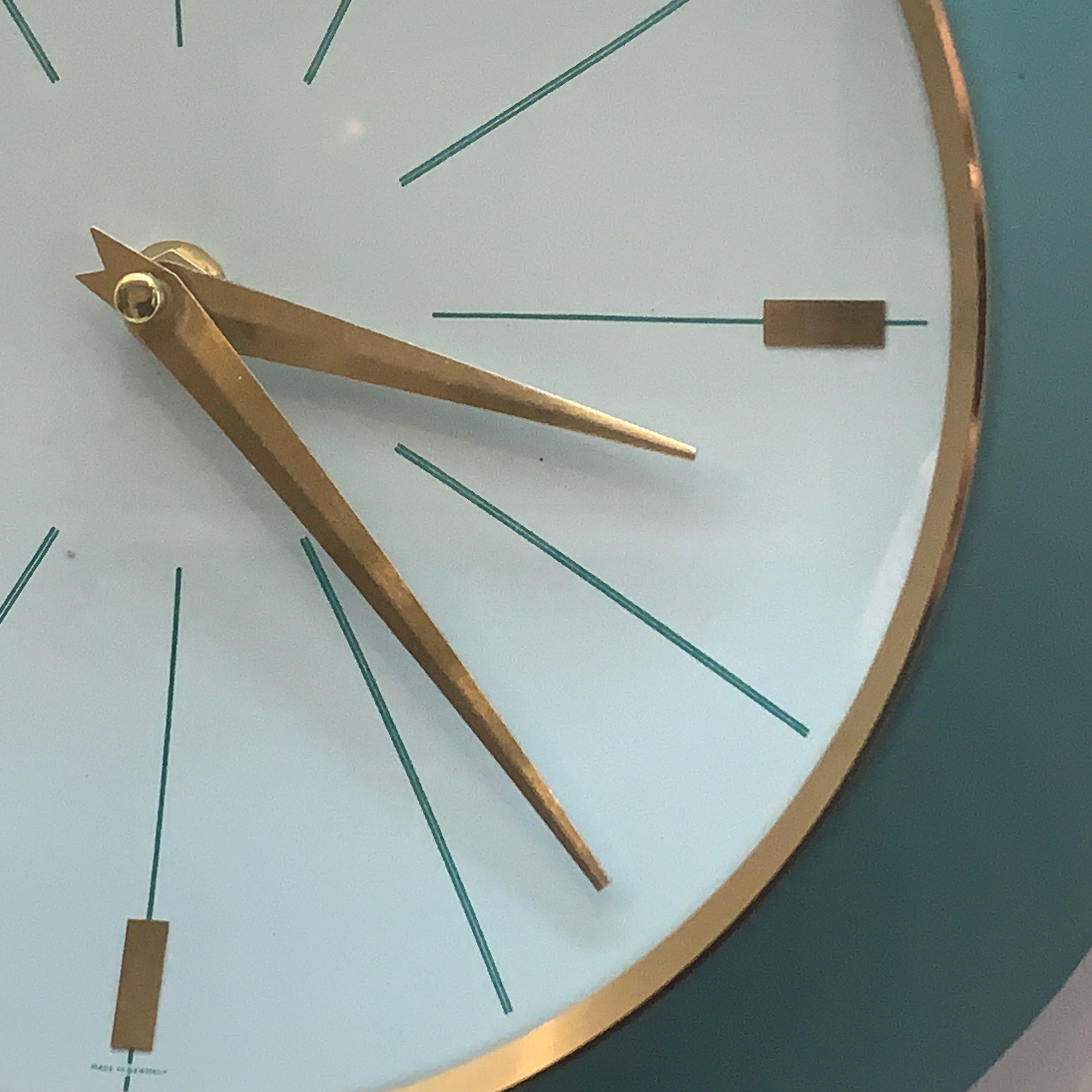 Kienzle Automatic Wall Clock, 1960s, Teal Turquoise, Solid Brass Bezel, Concave Dial, Germany