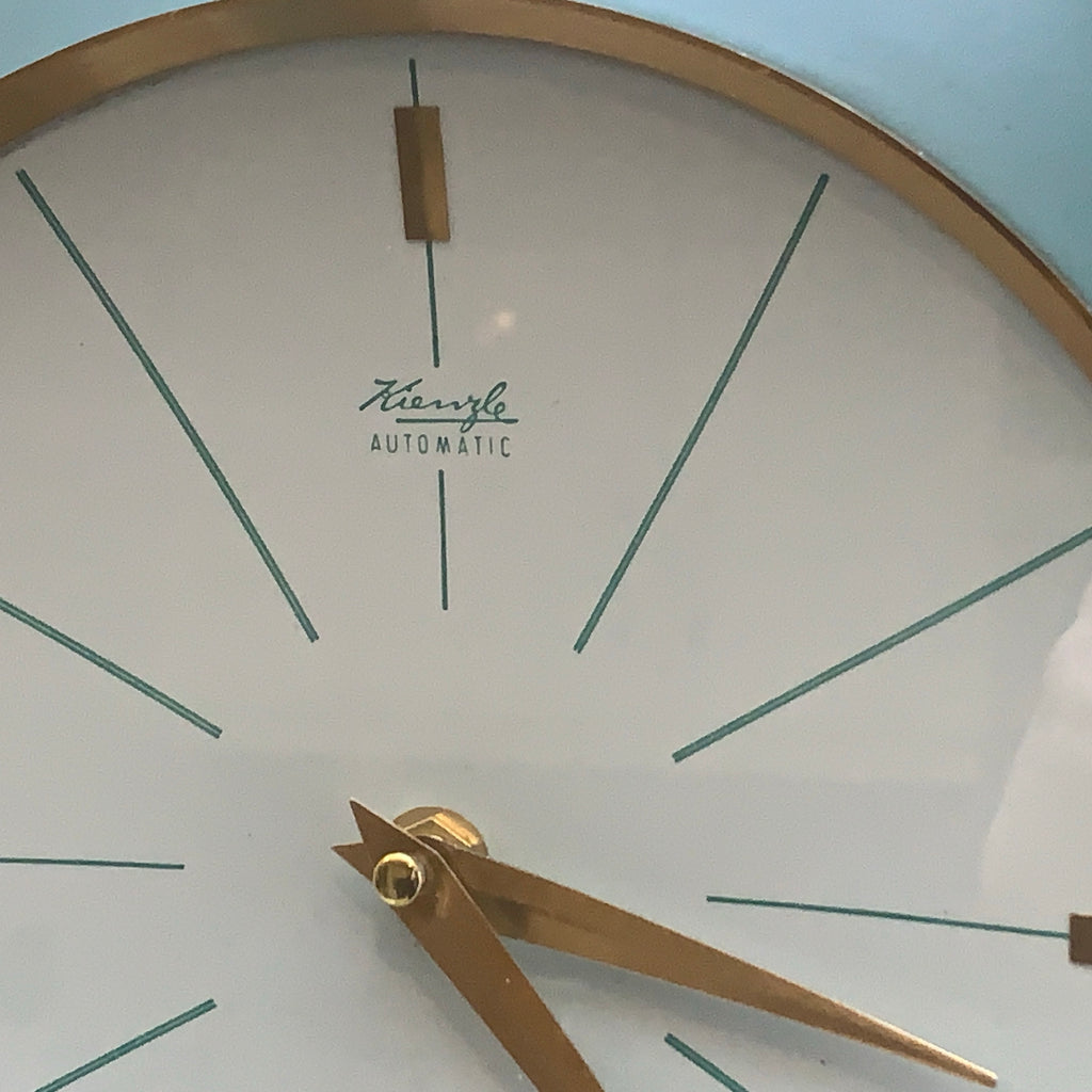 Kienzle Automatic Wall Clock, 1960s, Teal Turquoise, Solid Brass Bezel, Concave Dial, Germany