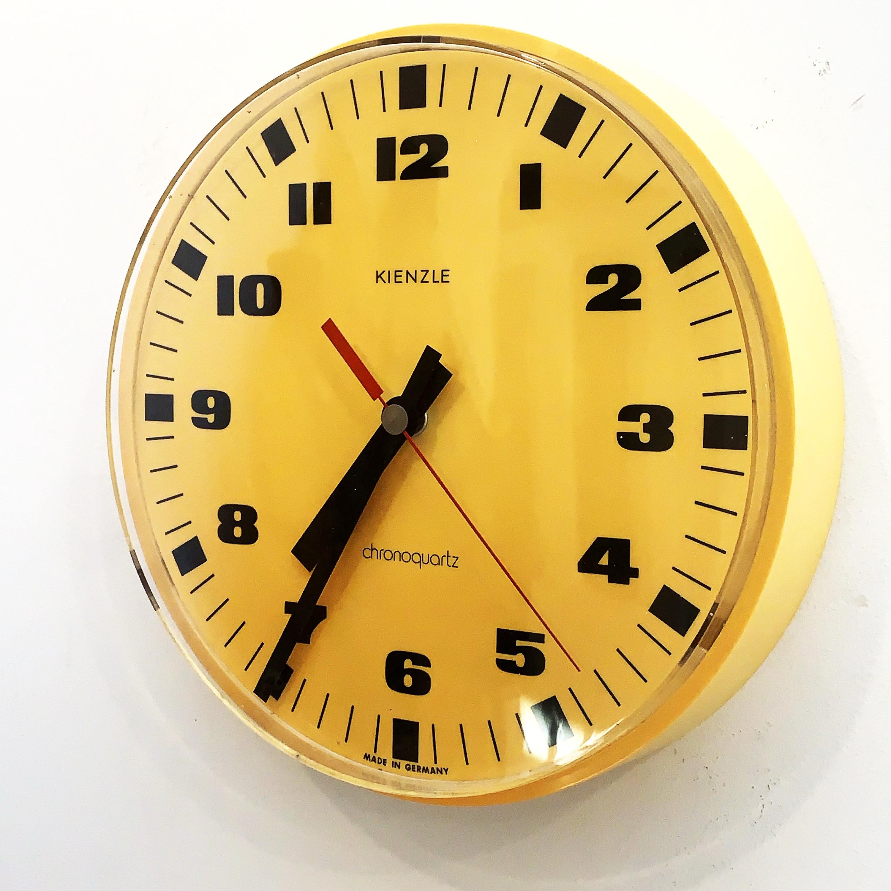 Kienzle Chronoquartz Wall Clock, 1970s, Mustard Yellow, Made in Germany, Original Movement