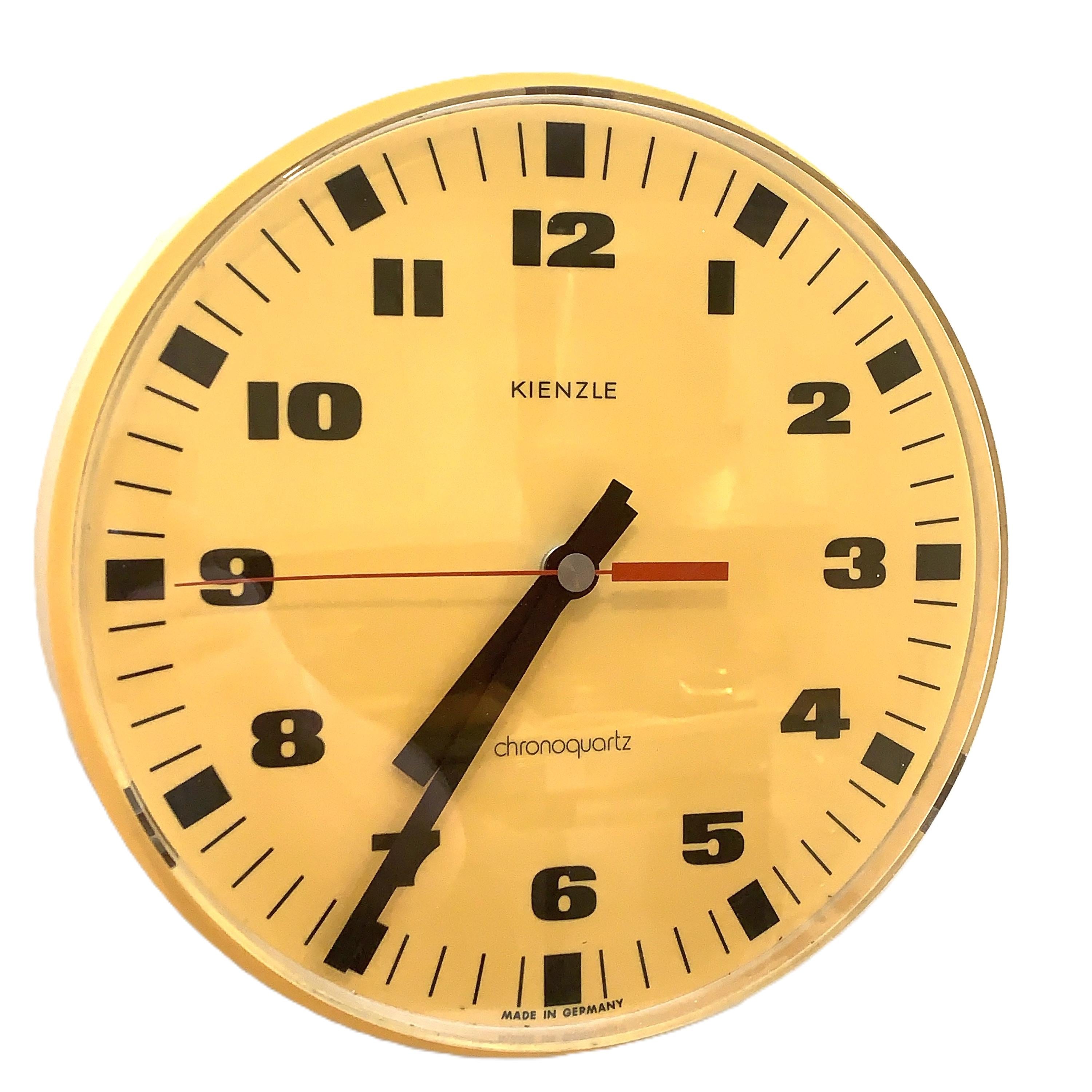 Kienzle Chronoquartz Wall Clock, 1970s, Mustard Yellow, Made in Germany, Original Movement