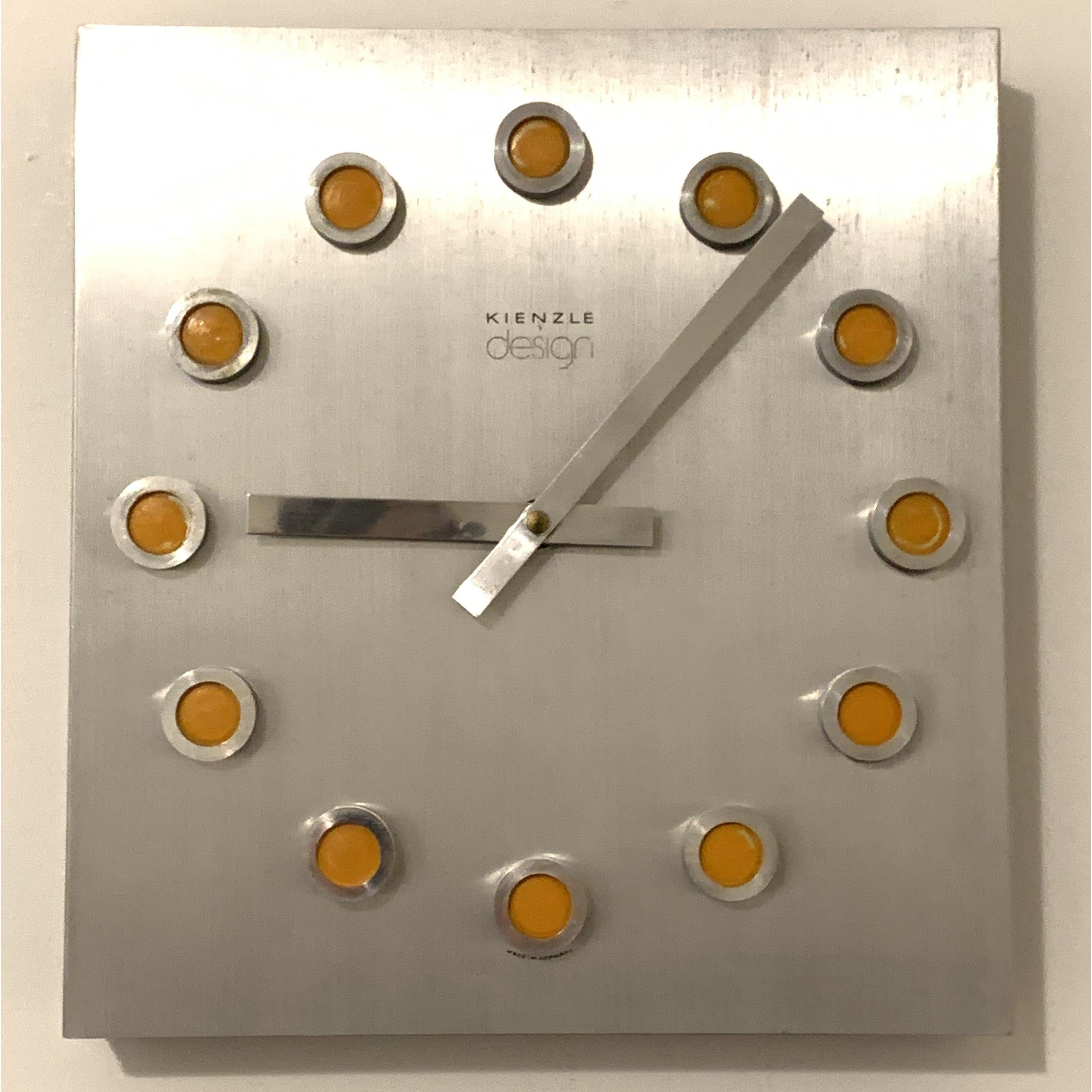 Kienzle Design Wall Clock – 1970s West German Brushed Aluminium Orange Dot Markers Original Quartz