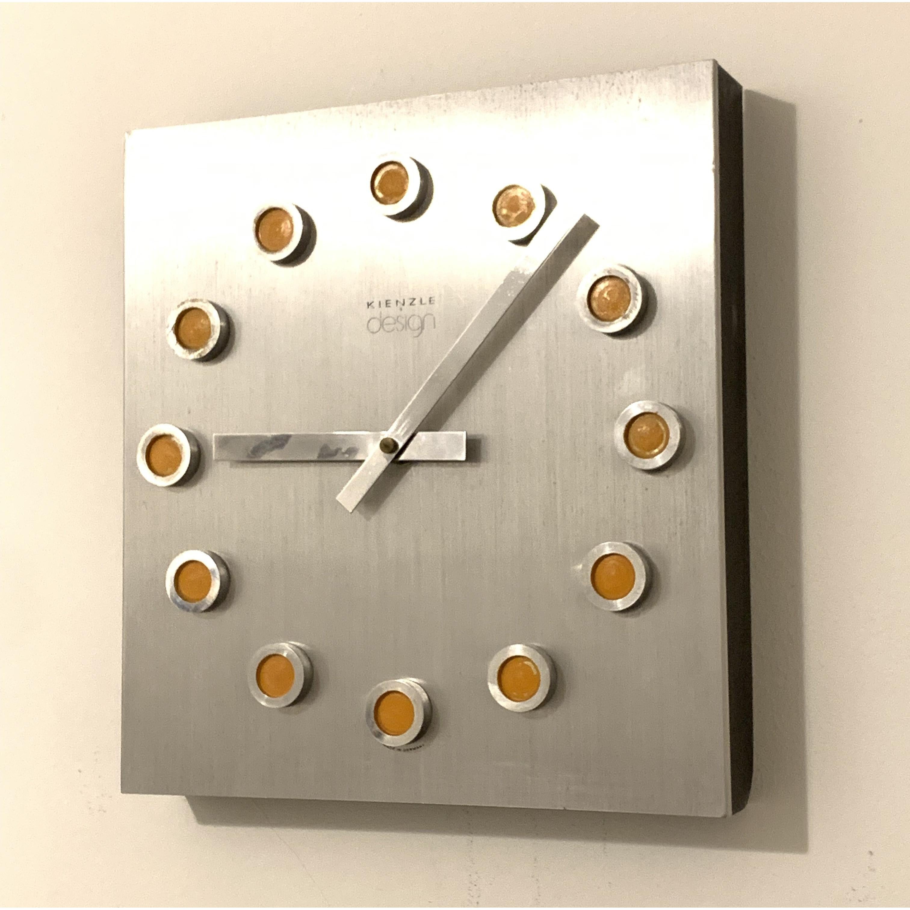 Kienzle Design Wall Clock – 1970s West German Brushed Aluminium Orange Dot Markers Original Quartz