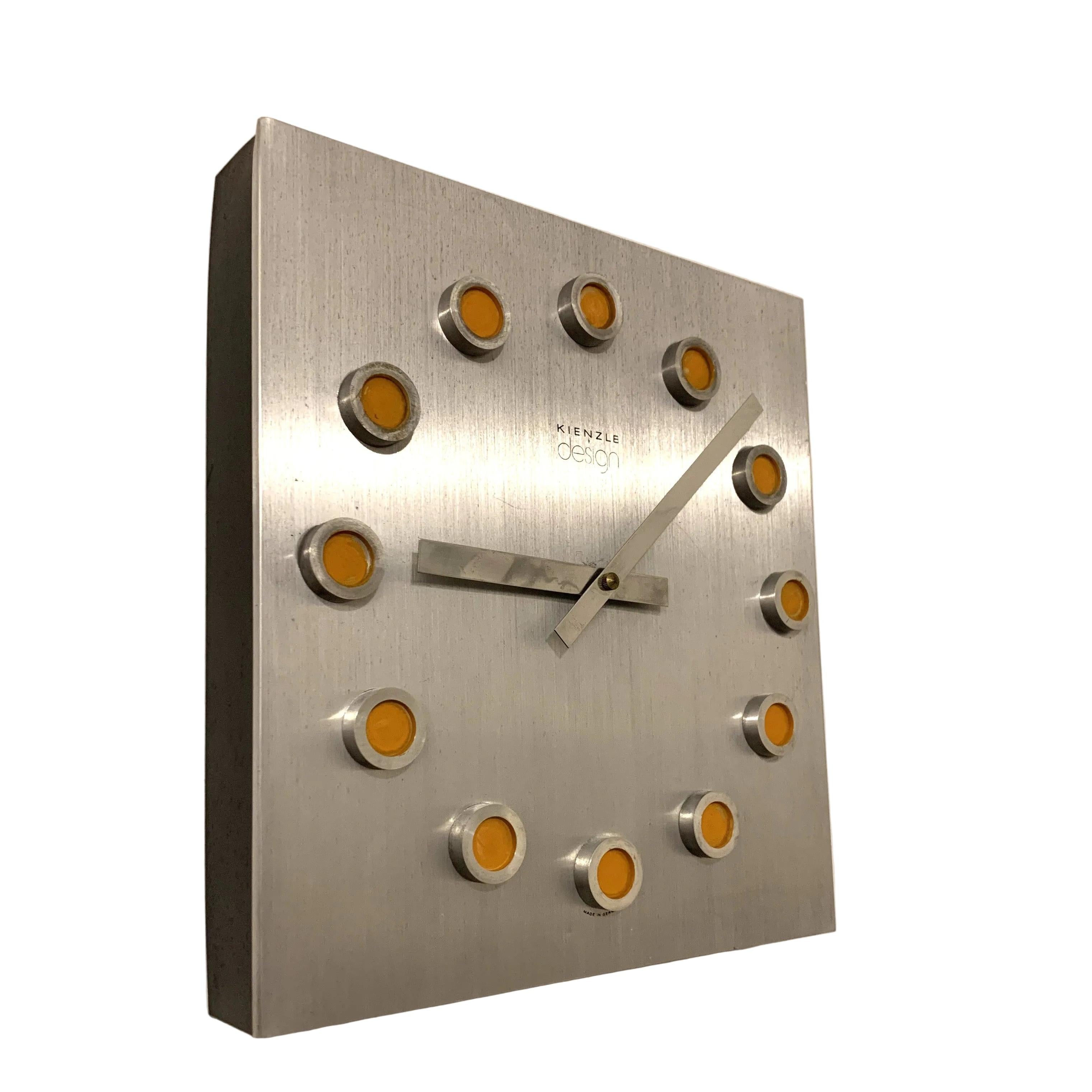Kienzle Design Wall Clock – 1970s West German Brushed Aluminium Orange Dot Markers Original Quartz
