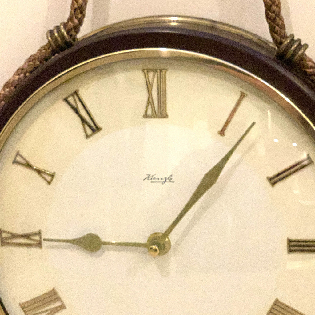 Kienzle Rope Hung Wall Clock: 1960s Brass Bezel, Roman Numerals, White Dial