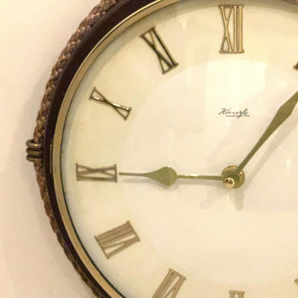 Kienzle Rope Hung Wall Clock: 1960s Brass Bezel, Roman Numerals, White Dial