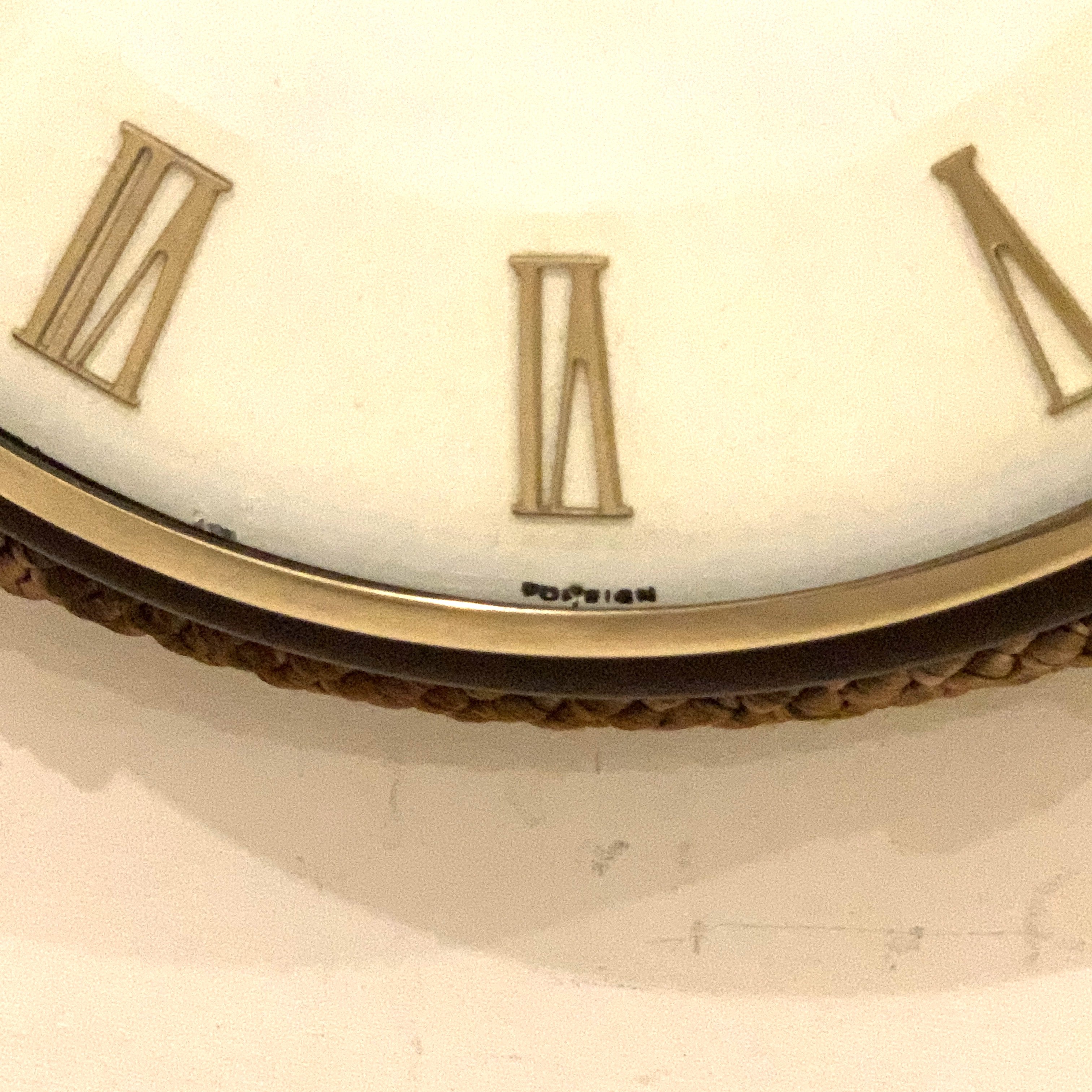 Kienzle Rope Hung Wall Clock: 1960s Brass Bezel, Roman Numerals, White Dial