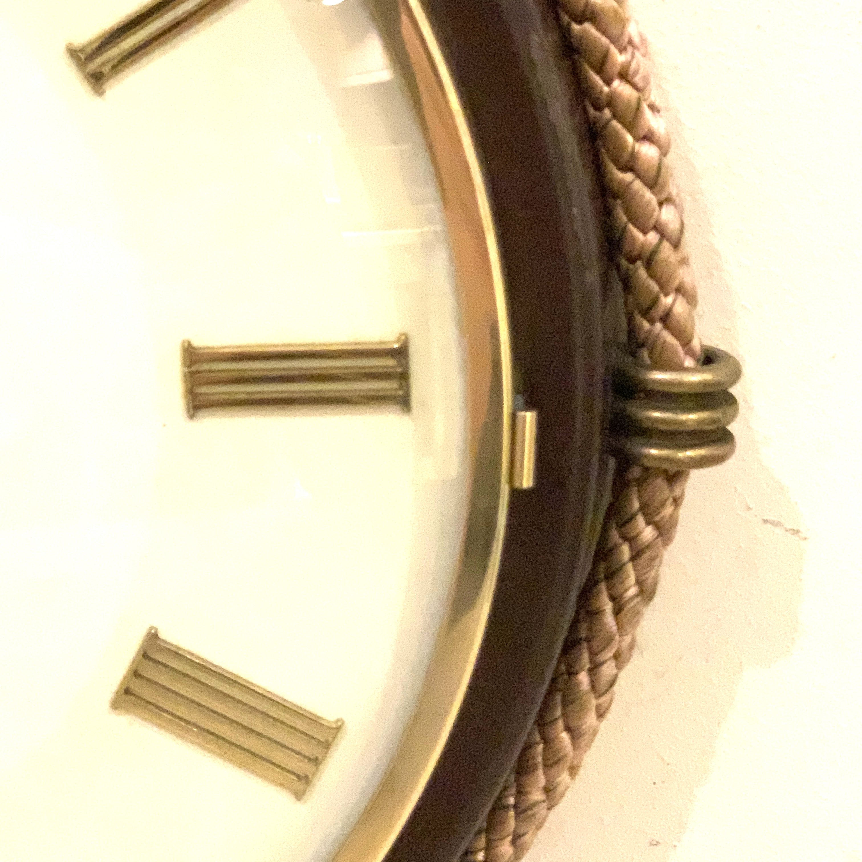 Kienzle Rope Hung Wall Clock: 1960s Brass Bezel, Roman Numerals, White Dial