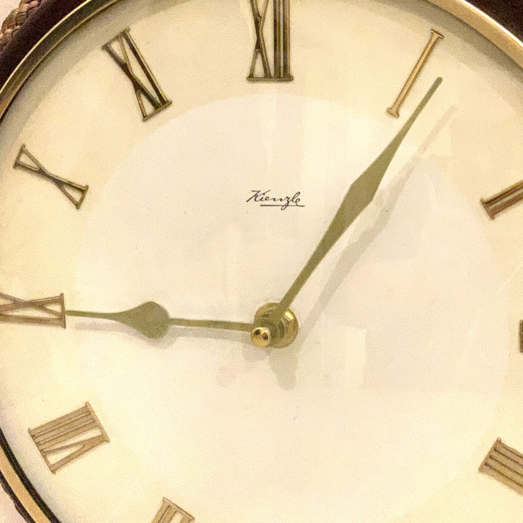 Kienzle Rope Hung Wall Clock: 1960s Brass Bezel, Roman Numerals, White Dial