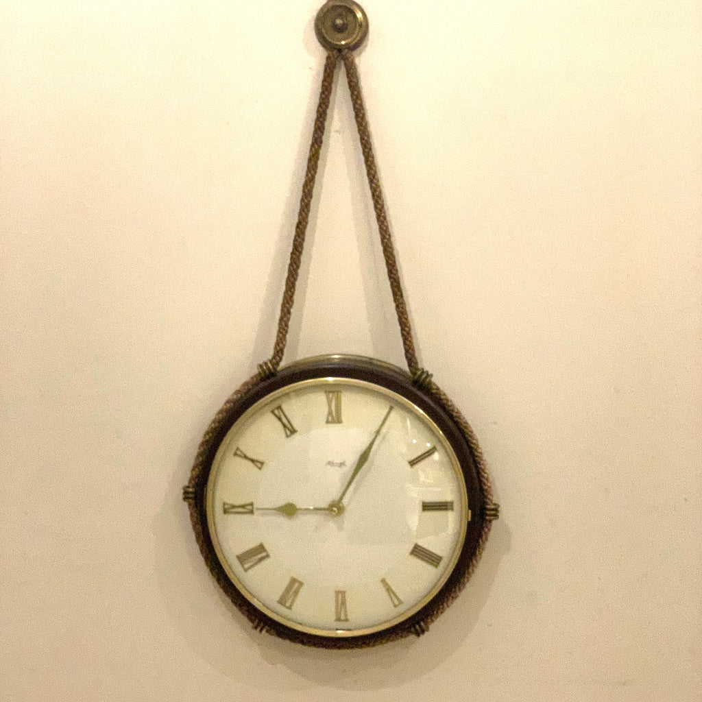Kienzle Rope Hung Wall Clock: 1960s Brass Bezel, Roman Numerals, White Dial