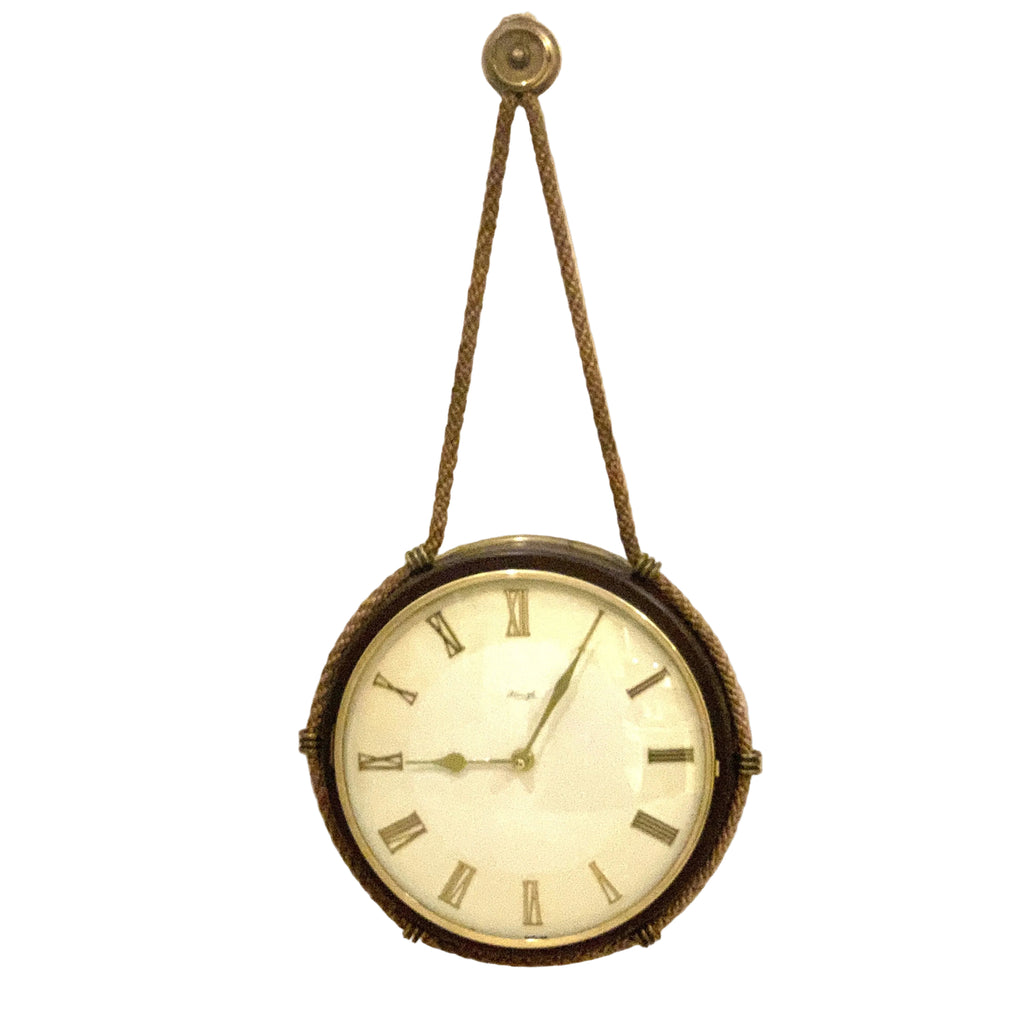 Kienzle Rope Hung Wall Clock: 1960s Brass Bezel, Roman Numerals, White Dial