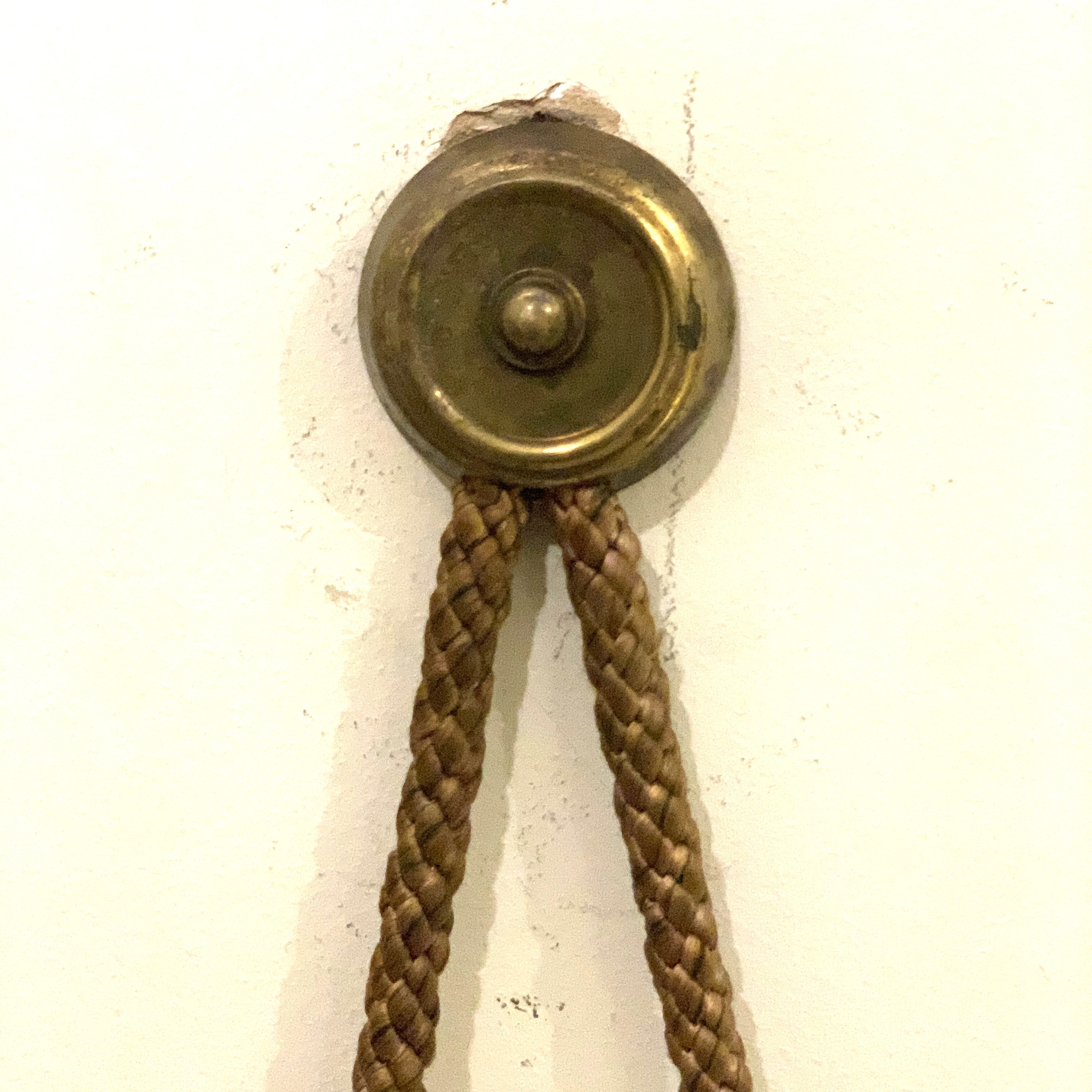 Kienzle Rope Hung Wall Clock: 1960s Brass Bezel, Roman Numerals, White Dial