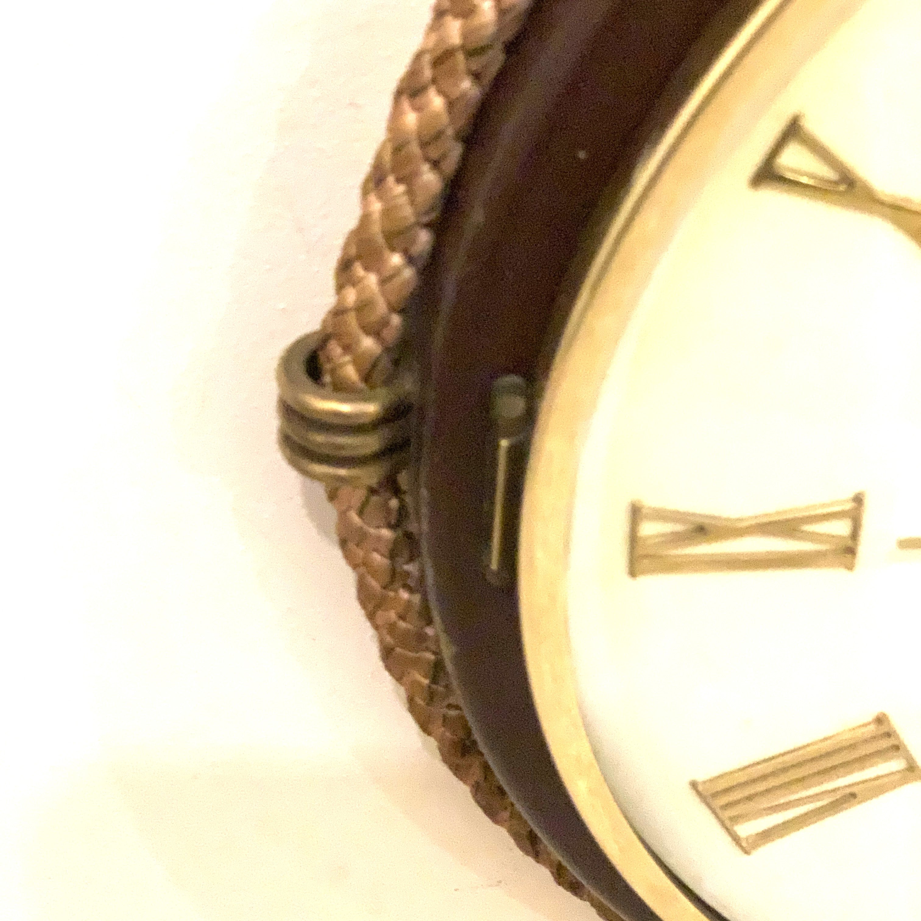 Kienzle Rope Hung Wall Clock: 1960s Brass Bezel, Roman Numerals, White Dial