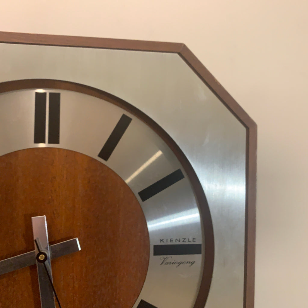 Kienzle Variogong Wall Clock Vintage Teak Chrome Octagon German 70s