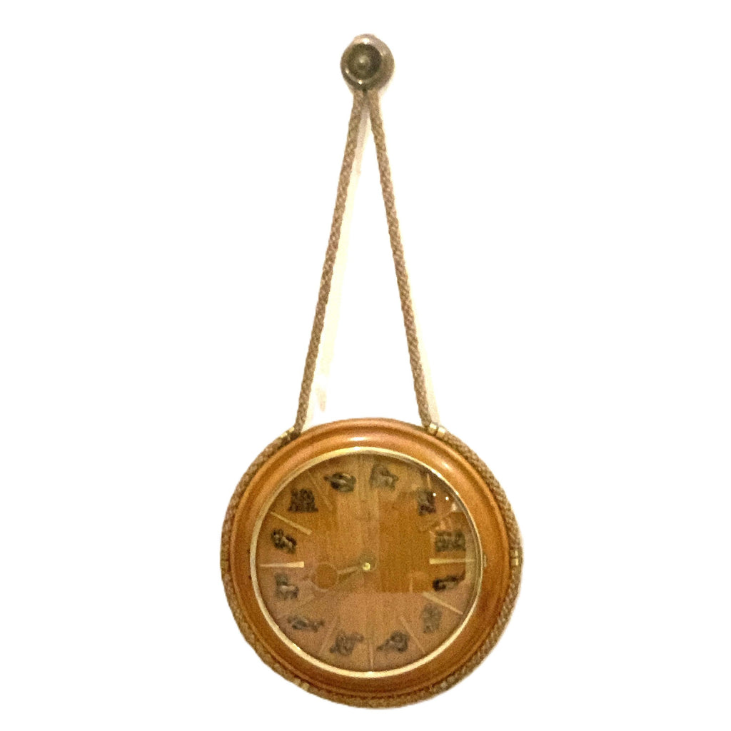 Kienzle Zodiac Wall Clock: Rope Hung Wooden Case, Brass Symbols, Mid Century 1960s Quartz