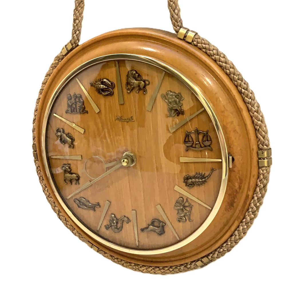 Kienzle Zodiac Wall Clock: Rope Hung Wooden Case, Brass Symbols, Mid Century 1960s Quartz
